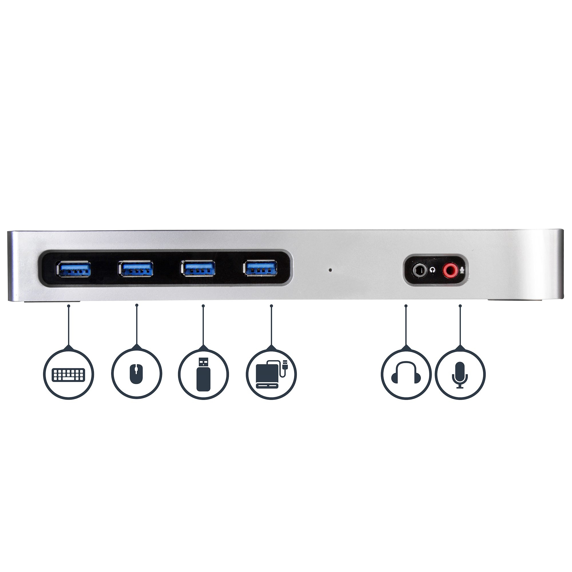 Un concentrador USB plateado con puertos USB e iconos para teclado, ratón, etc.
