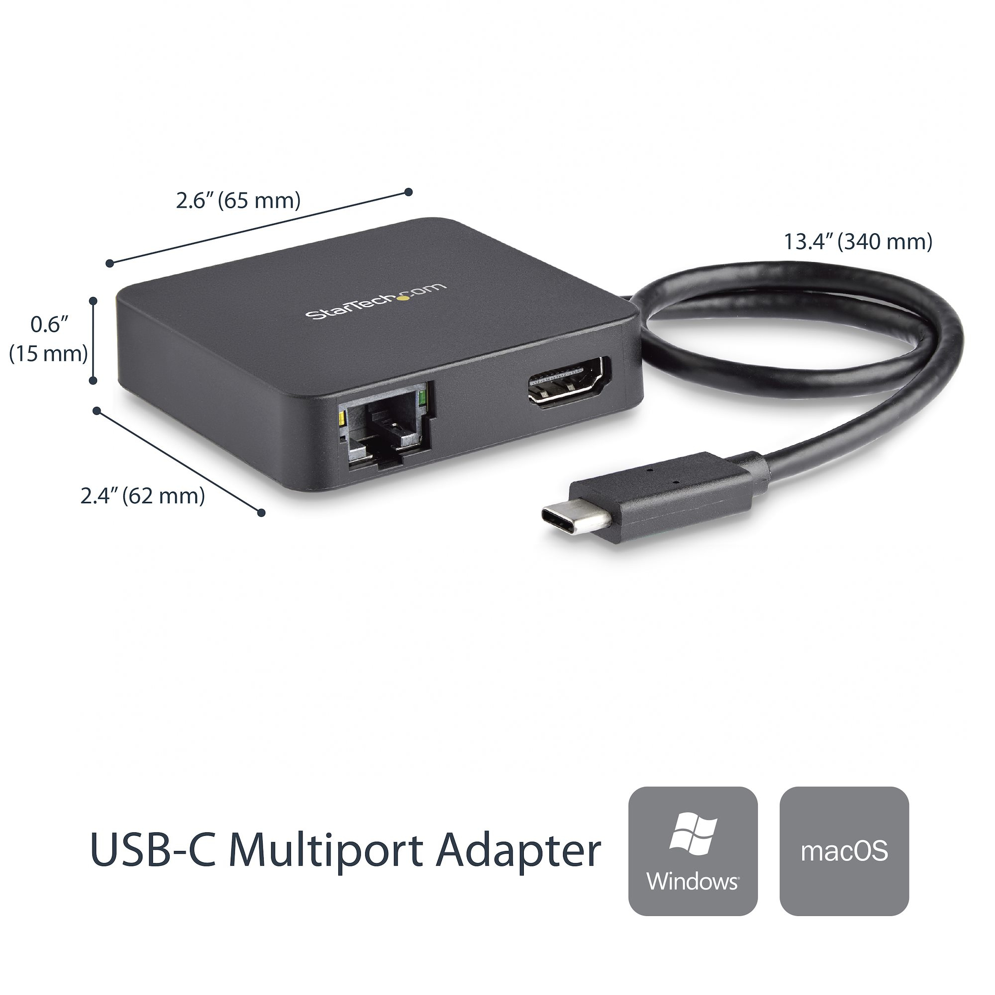 Adattatore multiport USB-C nero con cavo. Misure e icone Windows/macOS.