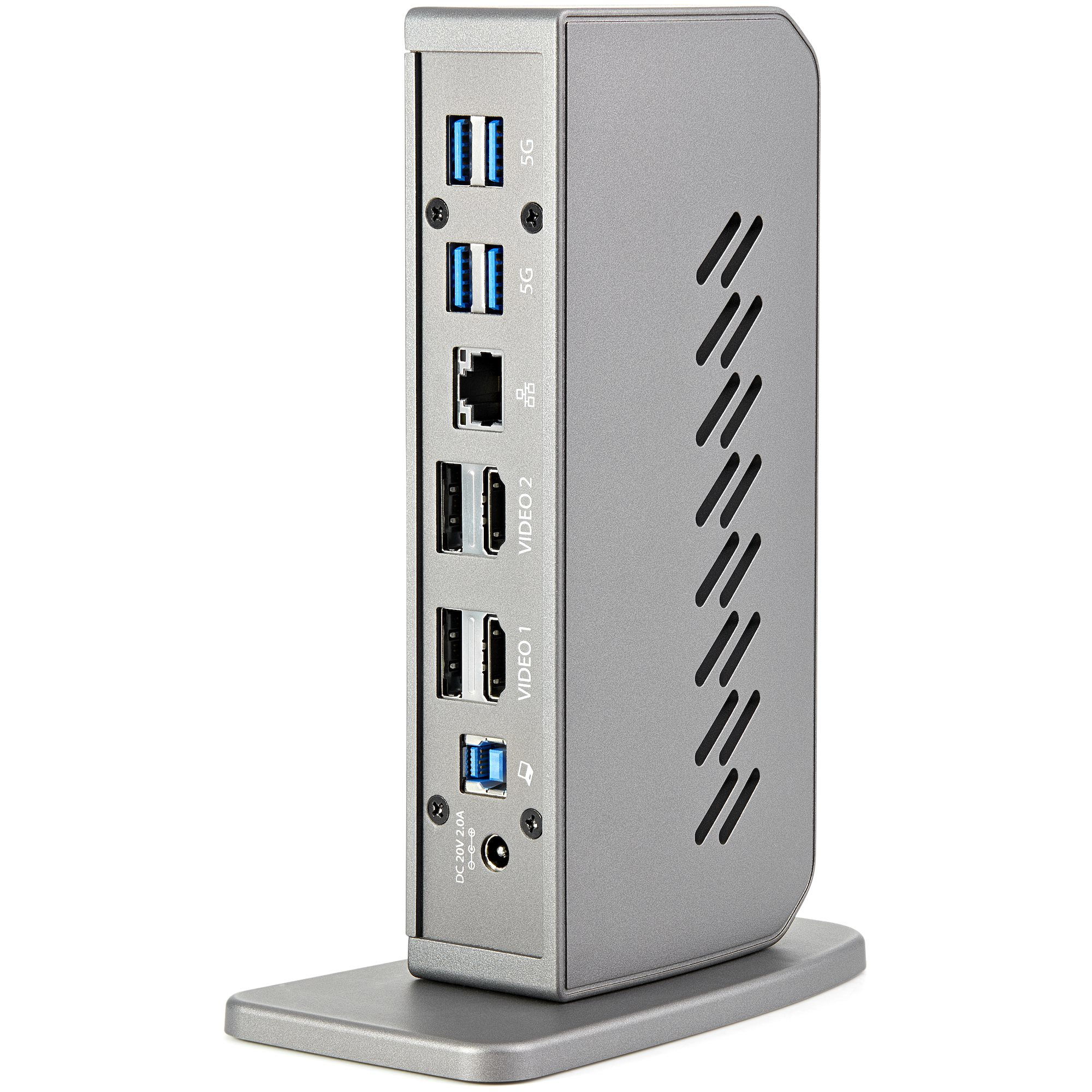 Docking station argentata con più porte, tra cui USB, Ethernet e uscite video. Una base la supporta.