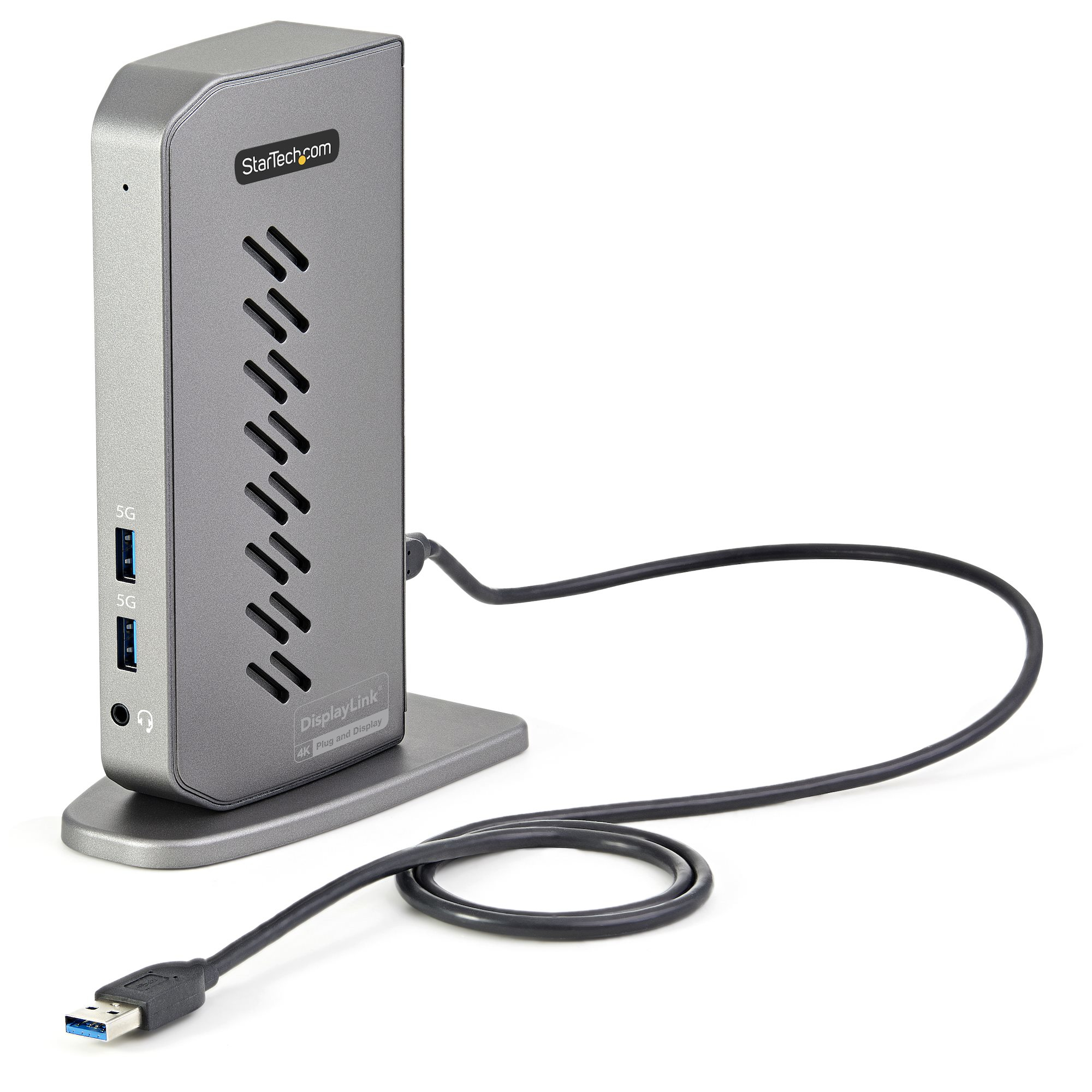 Una docking station grigia con un cavo USB su sfondo bianco.