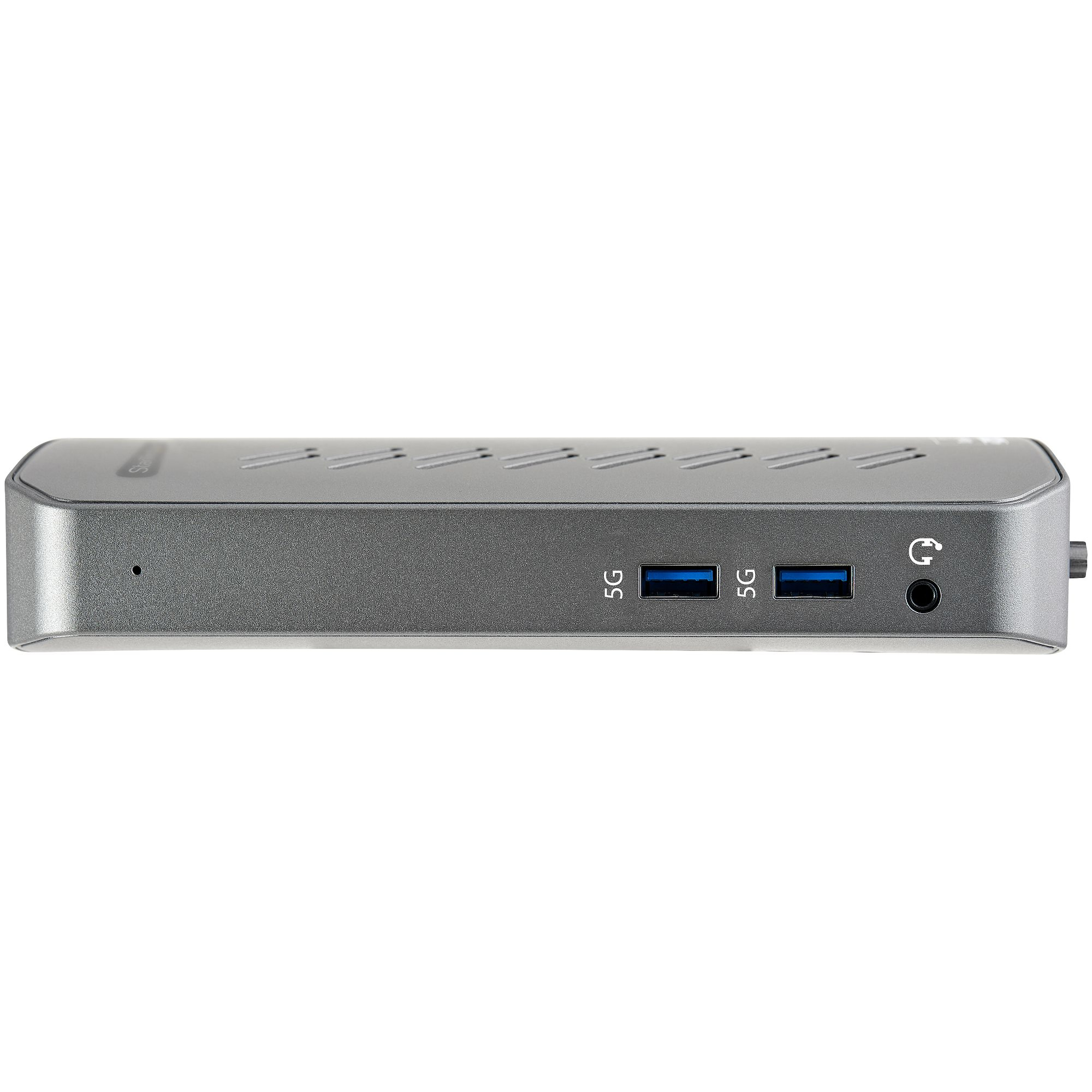 Un dispositivo grigio rettangolare con porte USB e un jack audio.