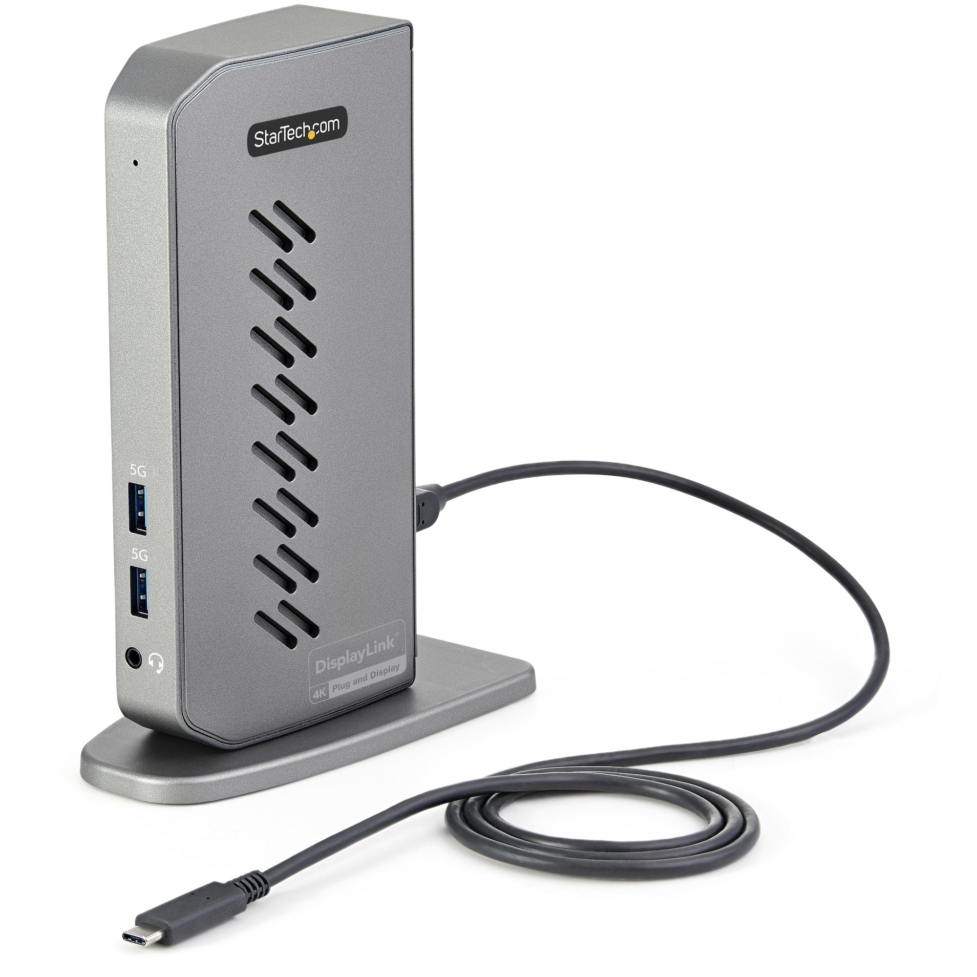 Docking station Startech grigia con porte. Cavo nero collegato. Design verticale.