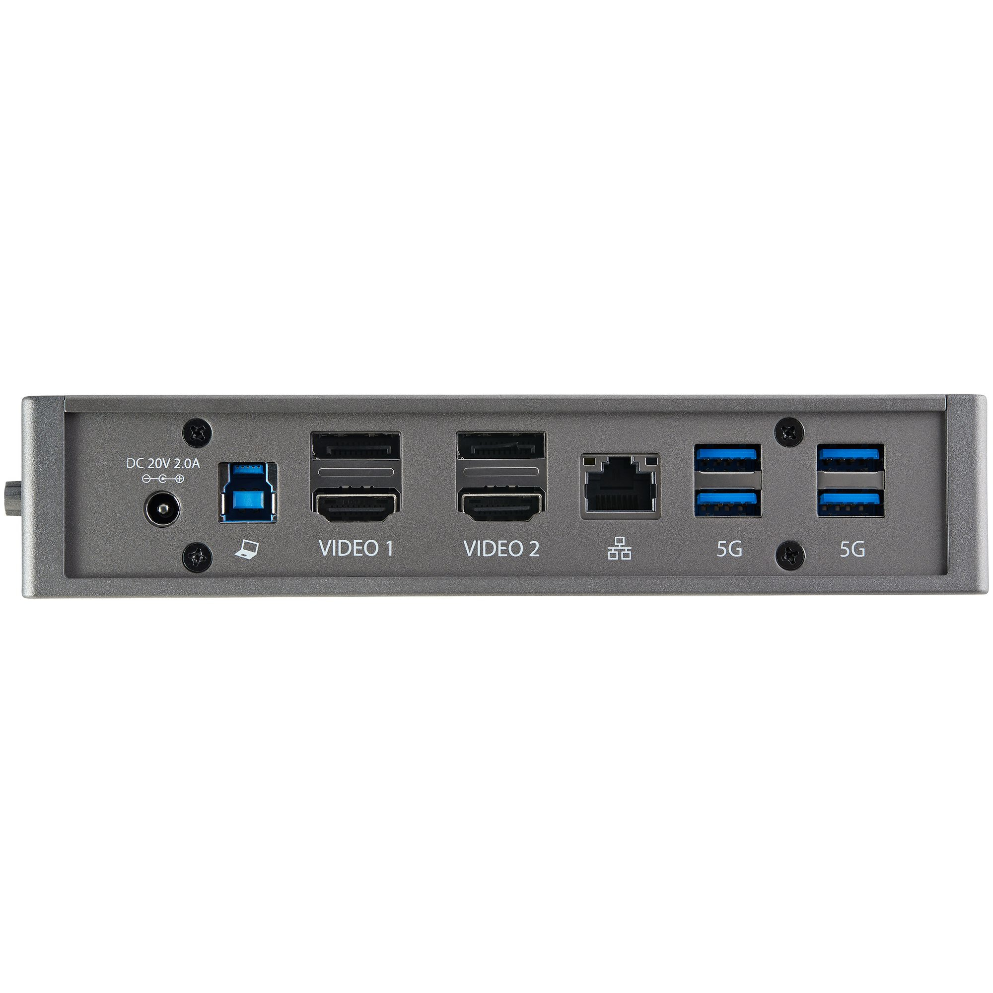 Dock grigio con porte. Le porte includono USB, video ed Ethernet.