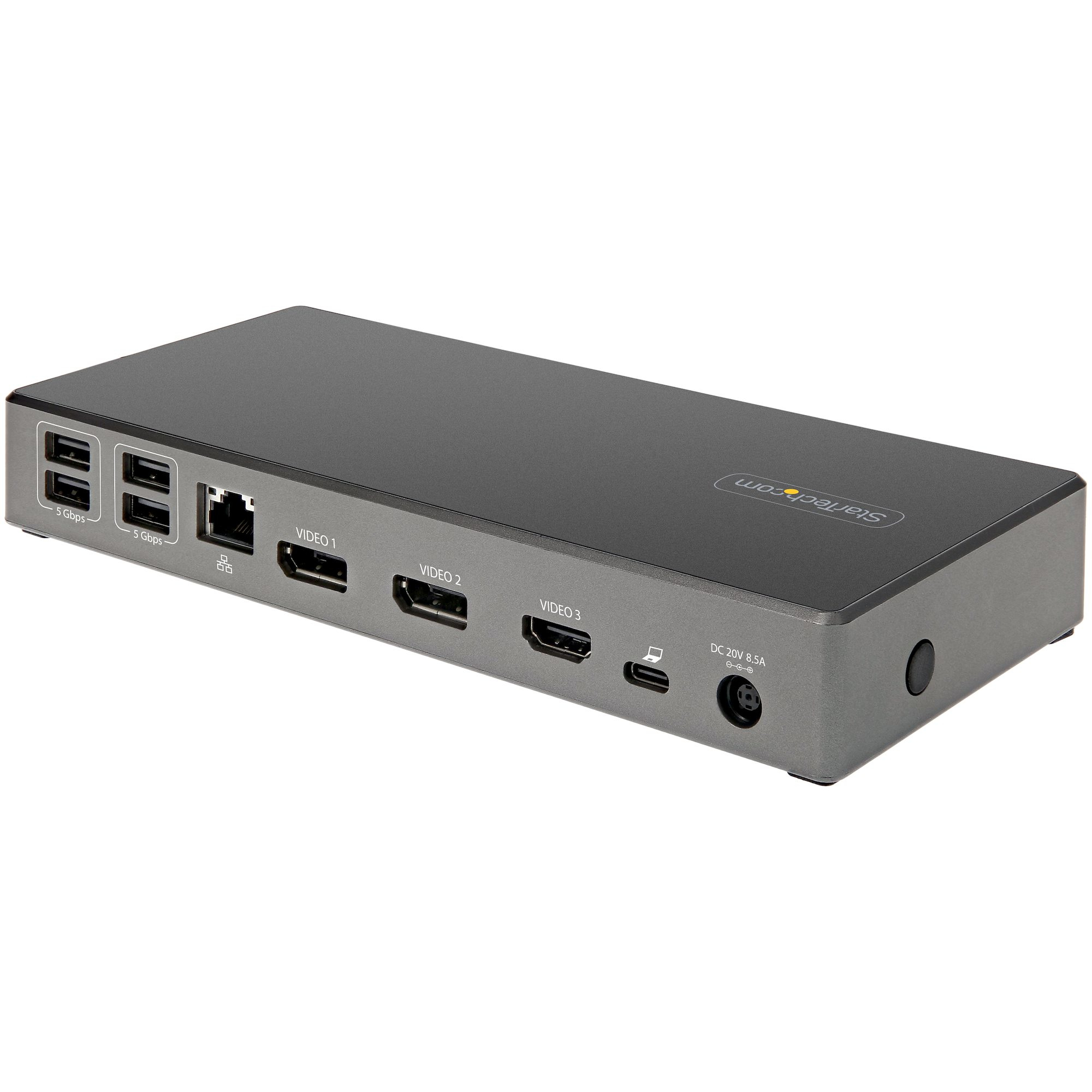 Base de conexión negra con puertos. Incluye USB, Ethernet, HDMI y entrada de alimentación. Fondo blanco.