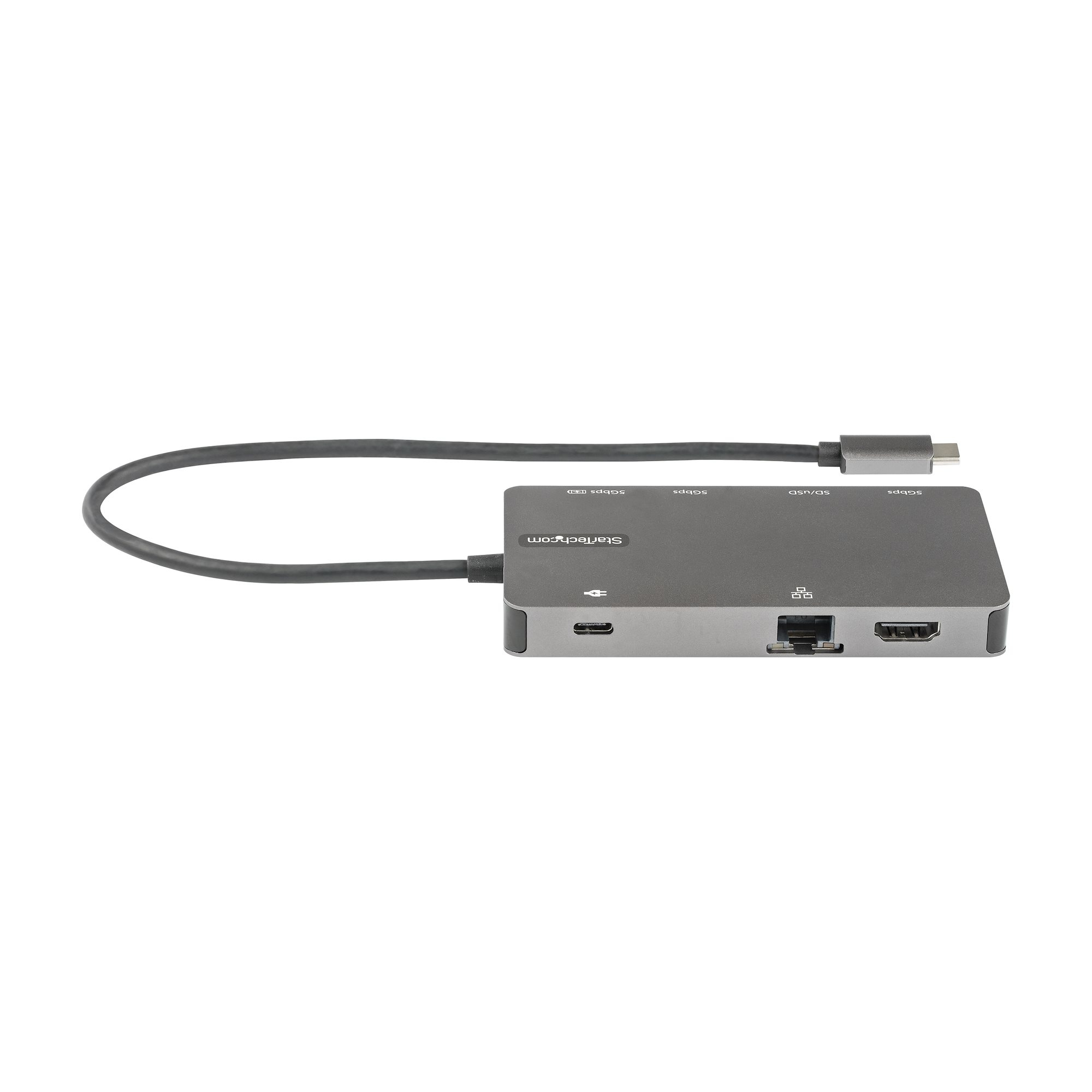 Concentrador USB-C Startech gris con múltiples puertos y cable negro.