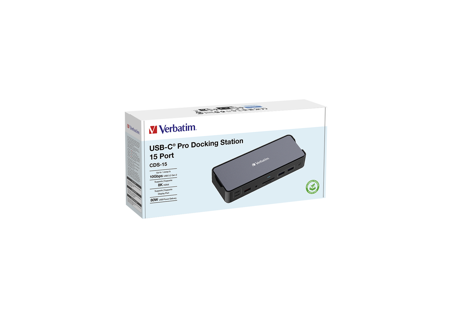 Eine weiße Box mit einer Verbatim USB-C Pro Docking Station auf weißem Hintergrund.