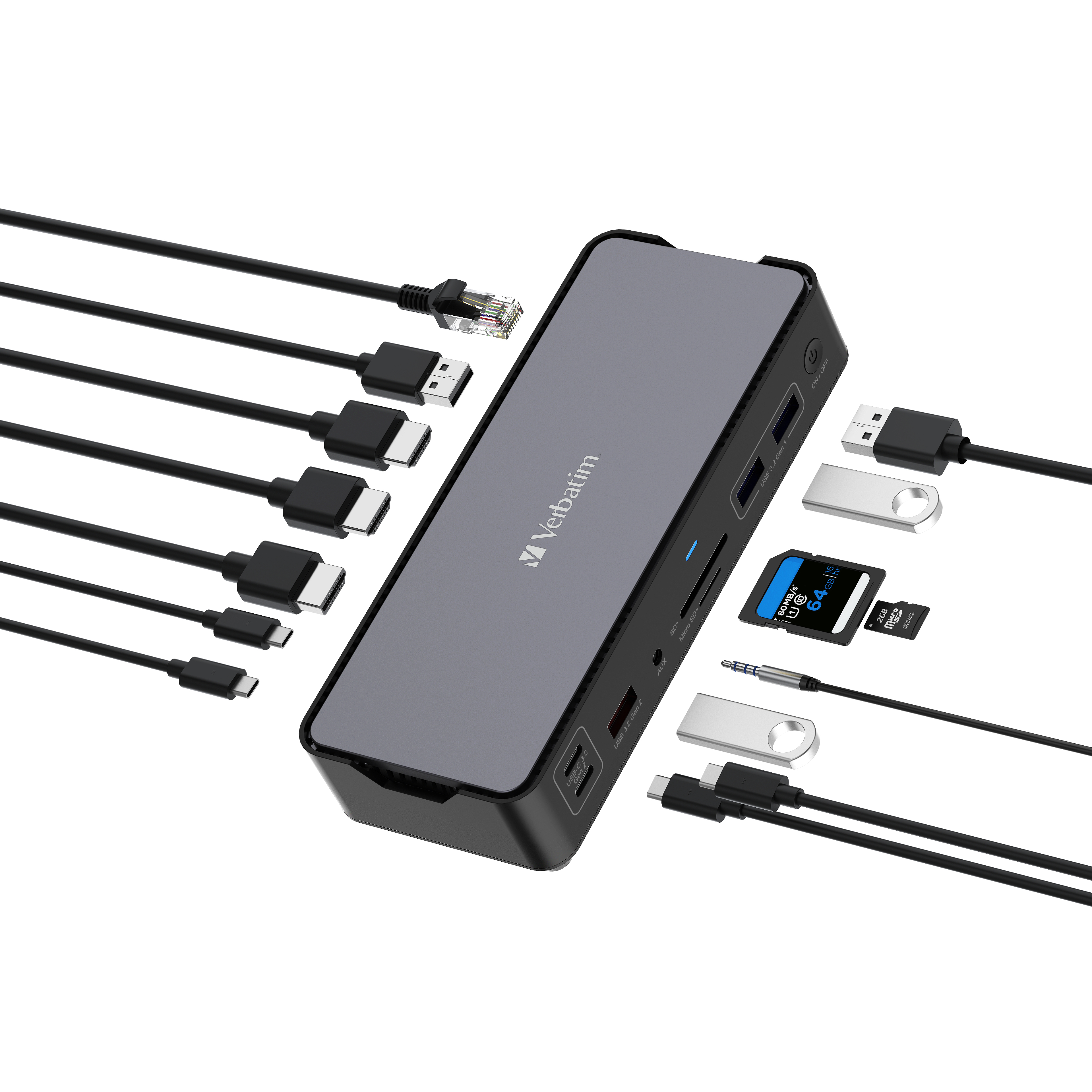 Ein Verbatim USB-Hub mit verschiedenen angeschlossenen Kabeln und USB-Geräten vor weißem Hintergrund.