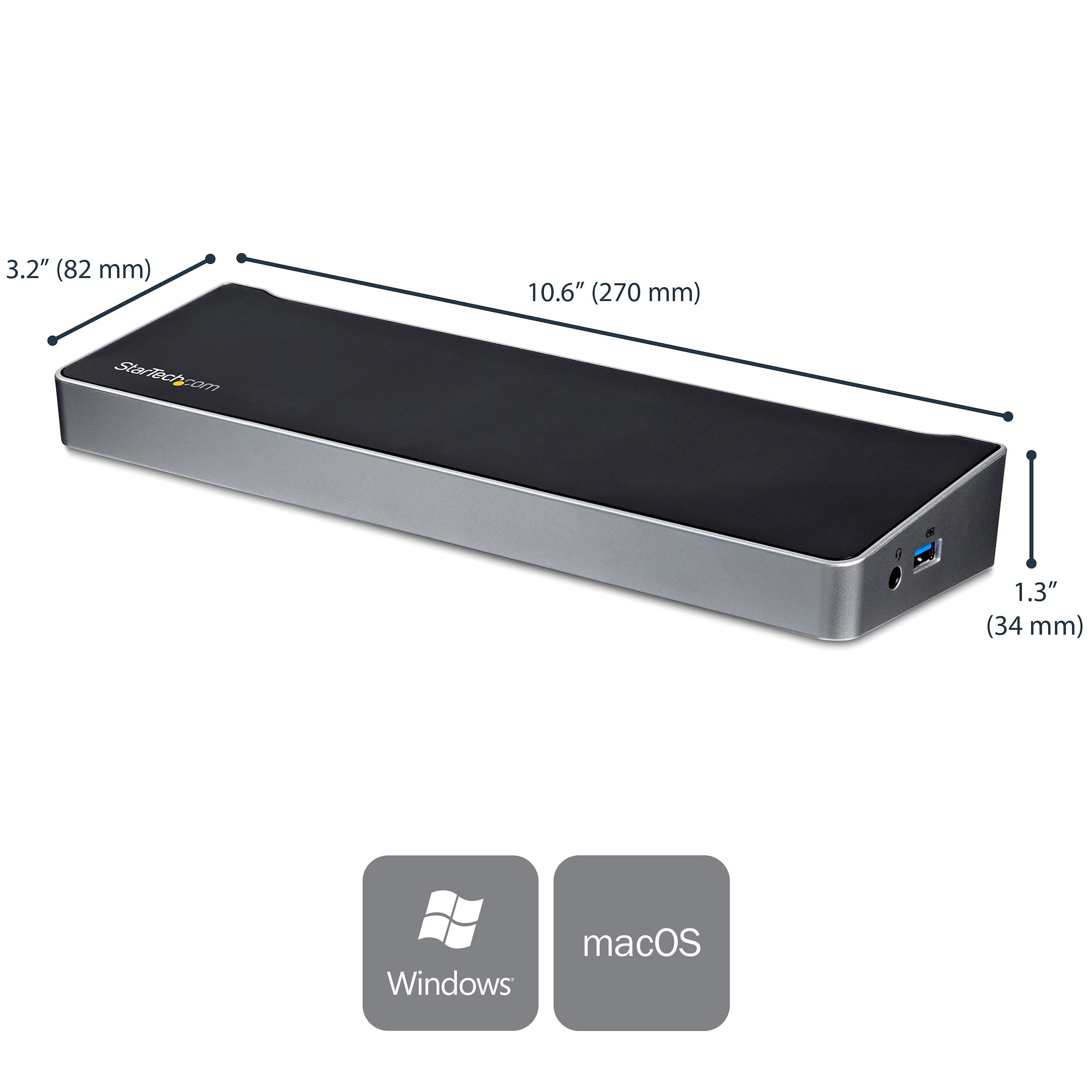 Hub USB StarTech con dimensioni e icone Windows/macOS.