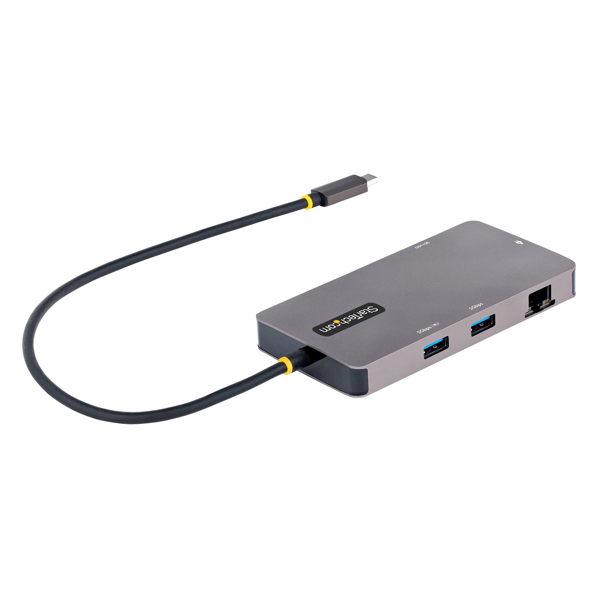 Concentrador StarTech gris con cable USB-C conectado y varios puertos.