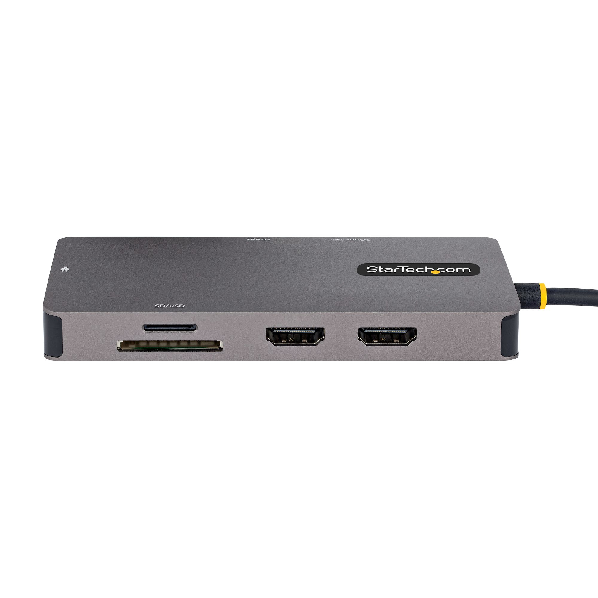 Adaptador multipuerto gris con SD/SD, HDMI y logo StarTech.com.