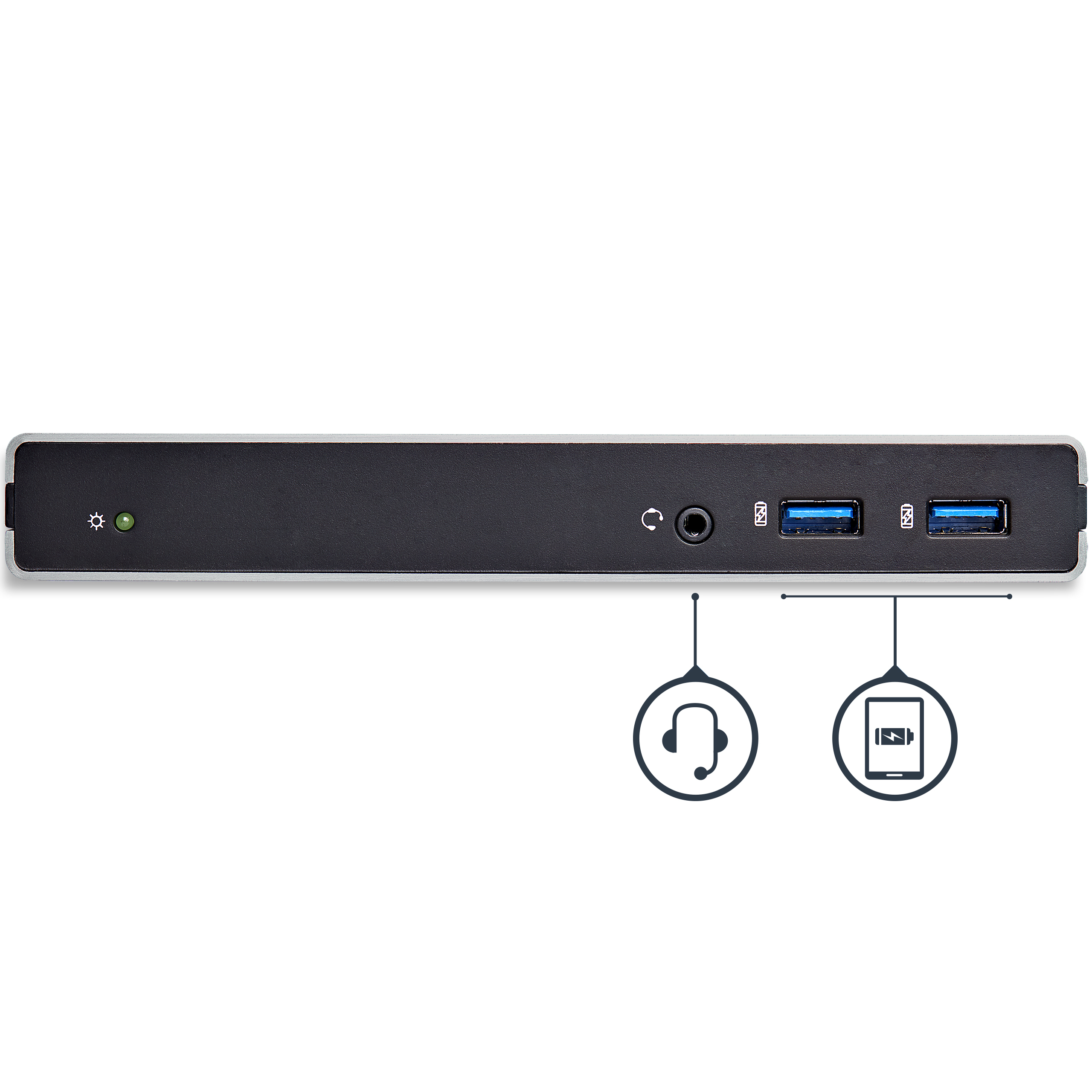 Una docking station nera con porte per cuffie e USB e simboli di ricarica.