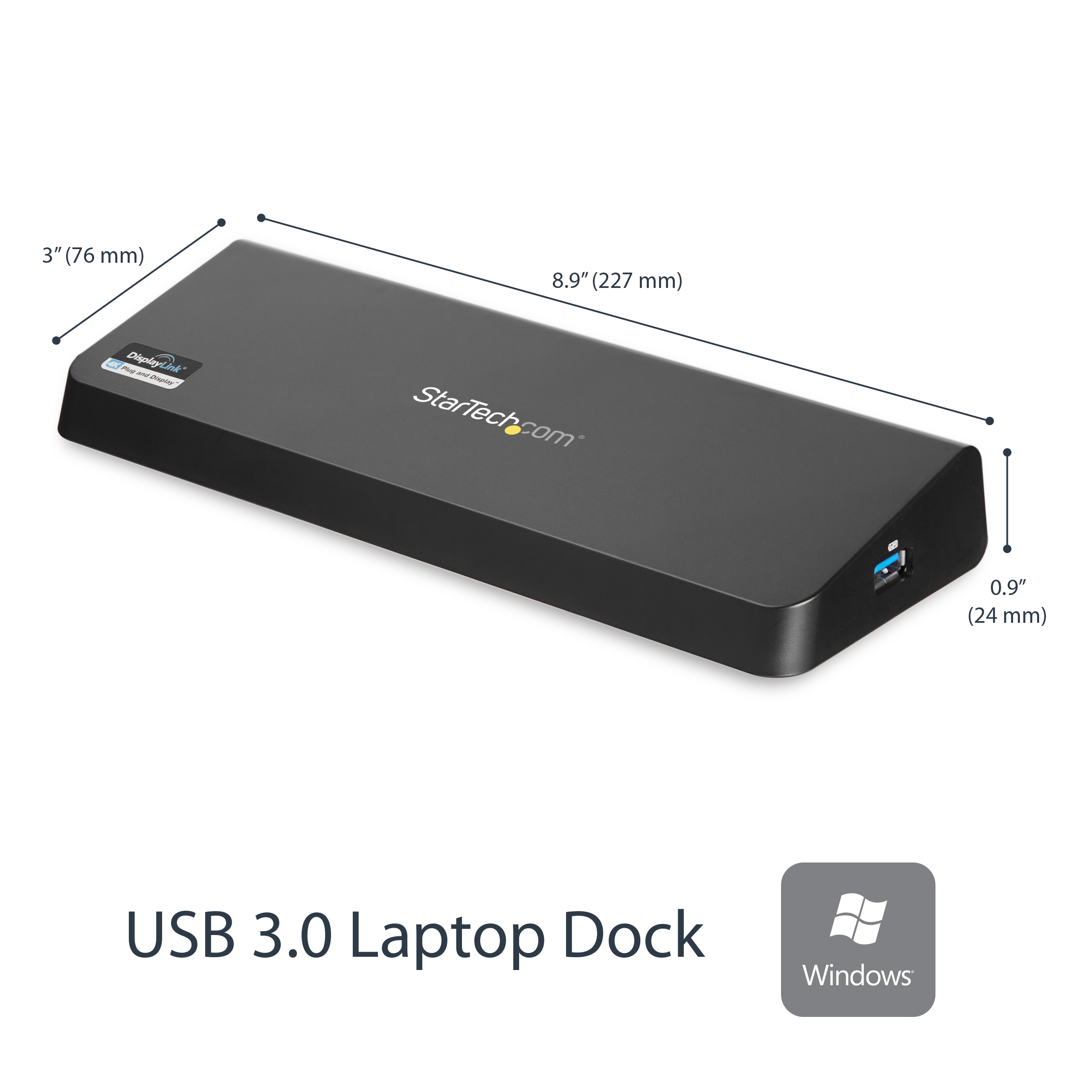 Una base para portátil USB 3.0 negra. Las dimensiones se muestran en la imagen.