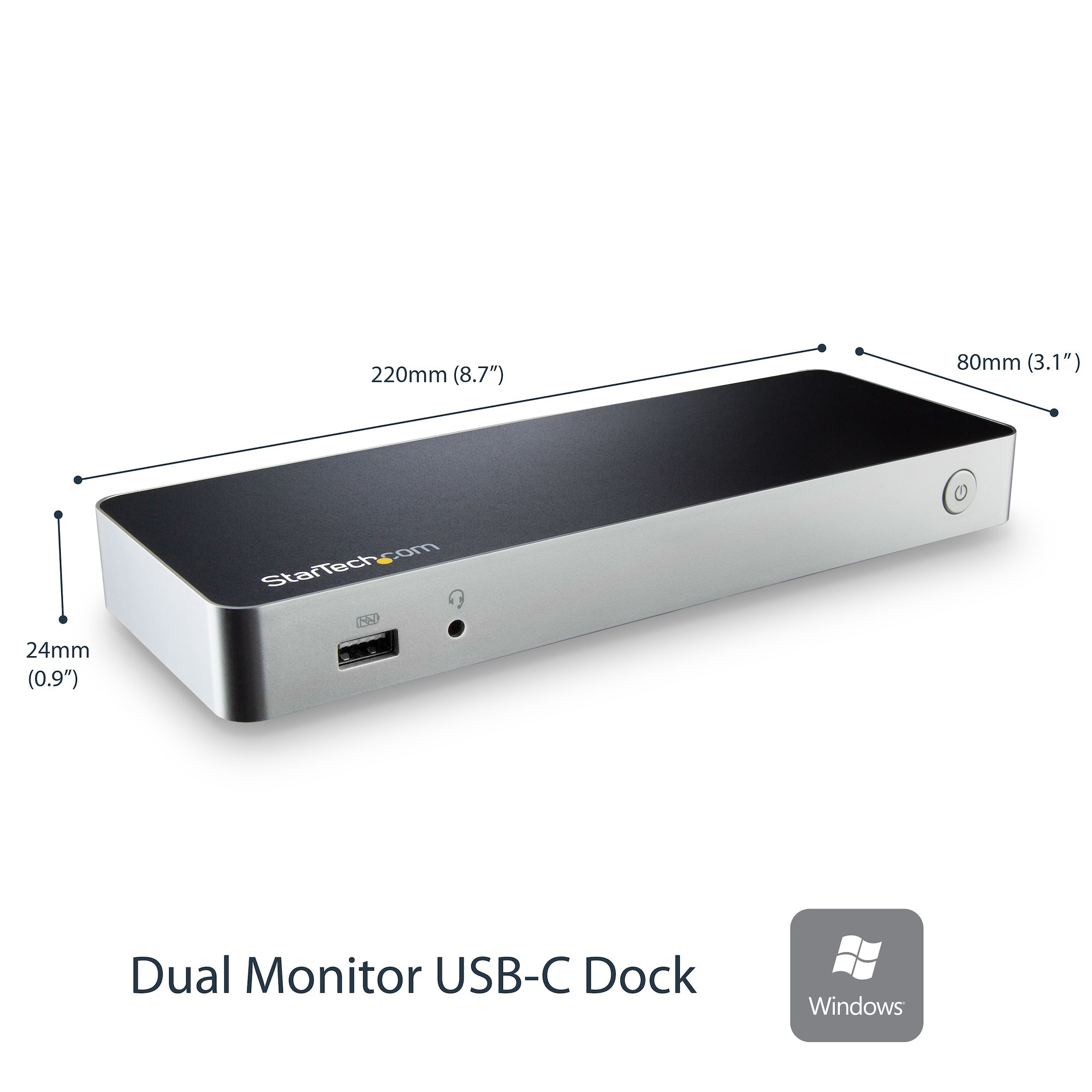 Schwarz-silberne Dual-Monitor-USB-C-Dockingstation mit Maßen und Windows-Logo, freigestellt.