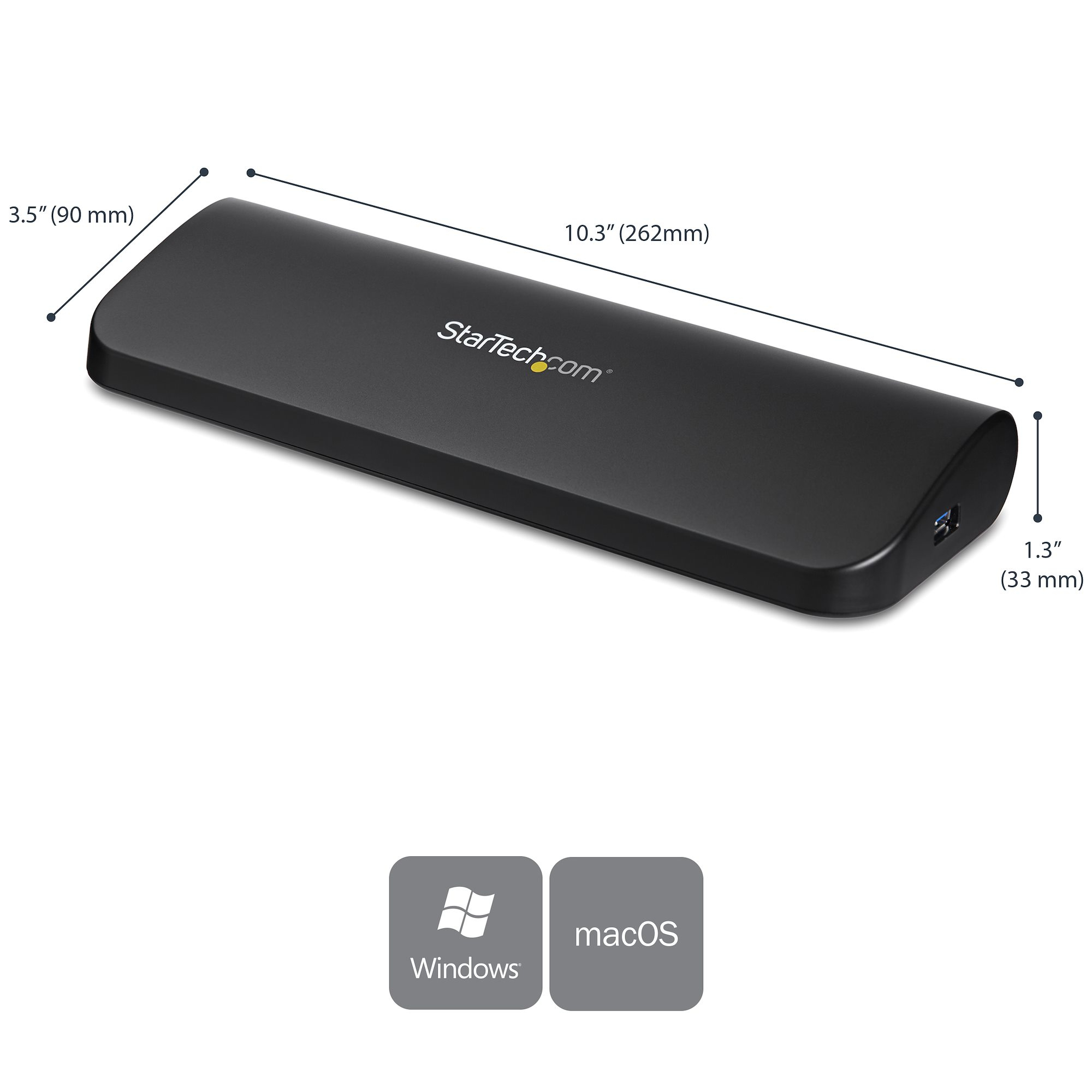Una docking station StarTech.com nera con misure e loghi Windows/macOS.