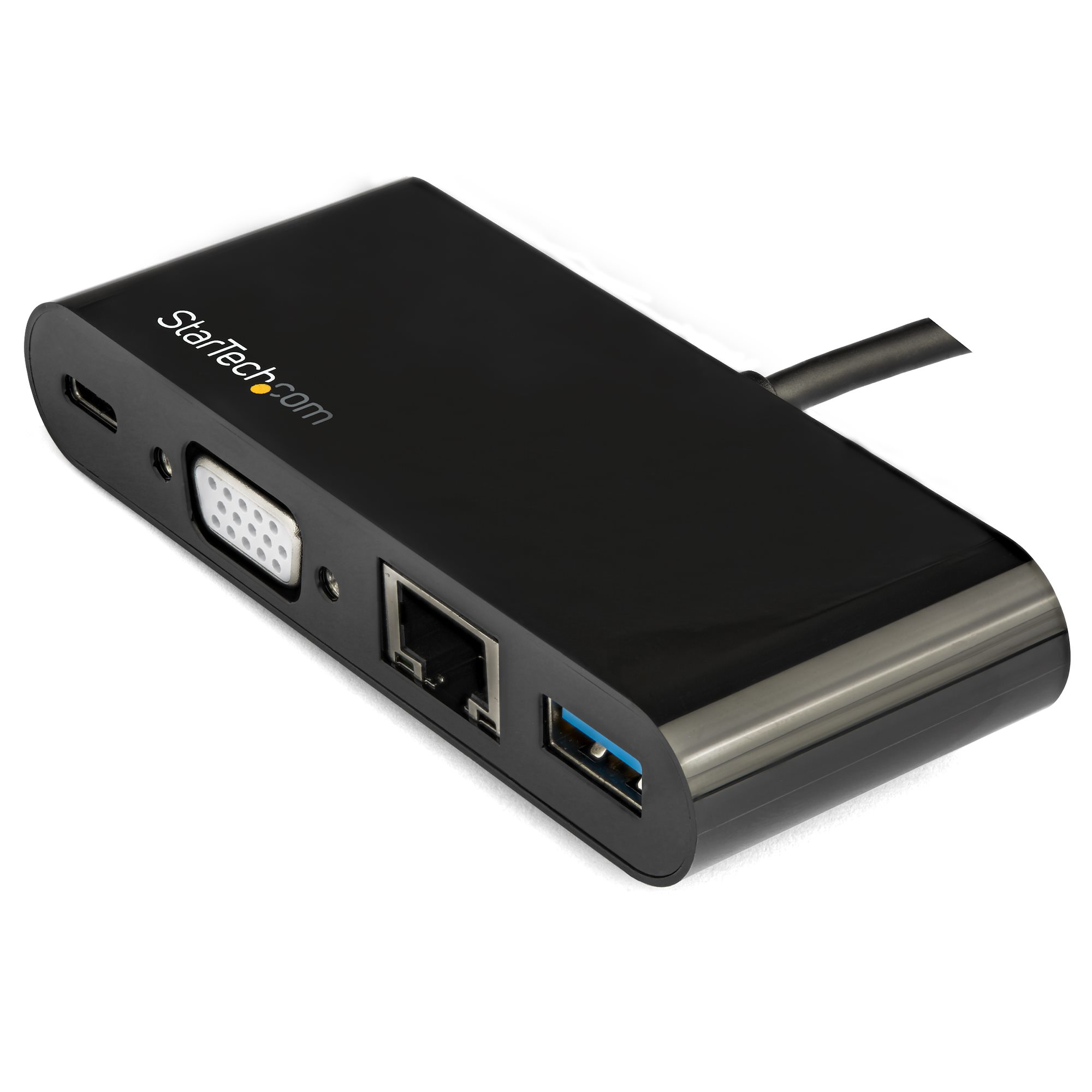 Schwarzer Startech USB-C-Hub. Anschlüsse sind USB, Ethernet und VGA. Weißer Hintergrund.
