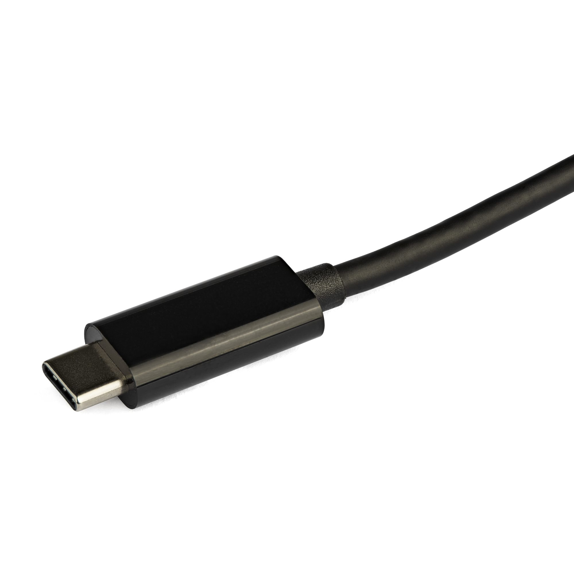 Schwarzes USB-C-Kabel mit schwarzem Stecker auf weißem Hintergrund.