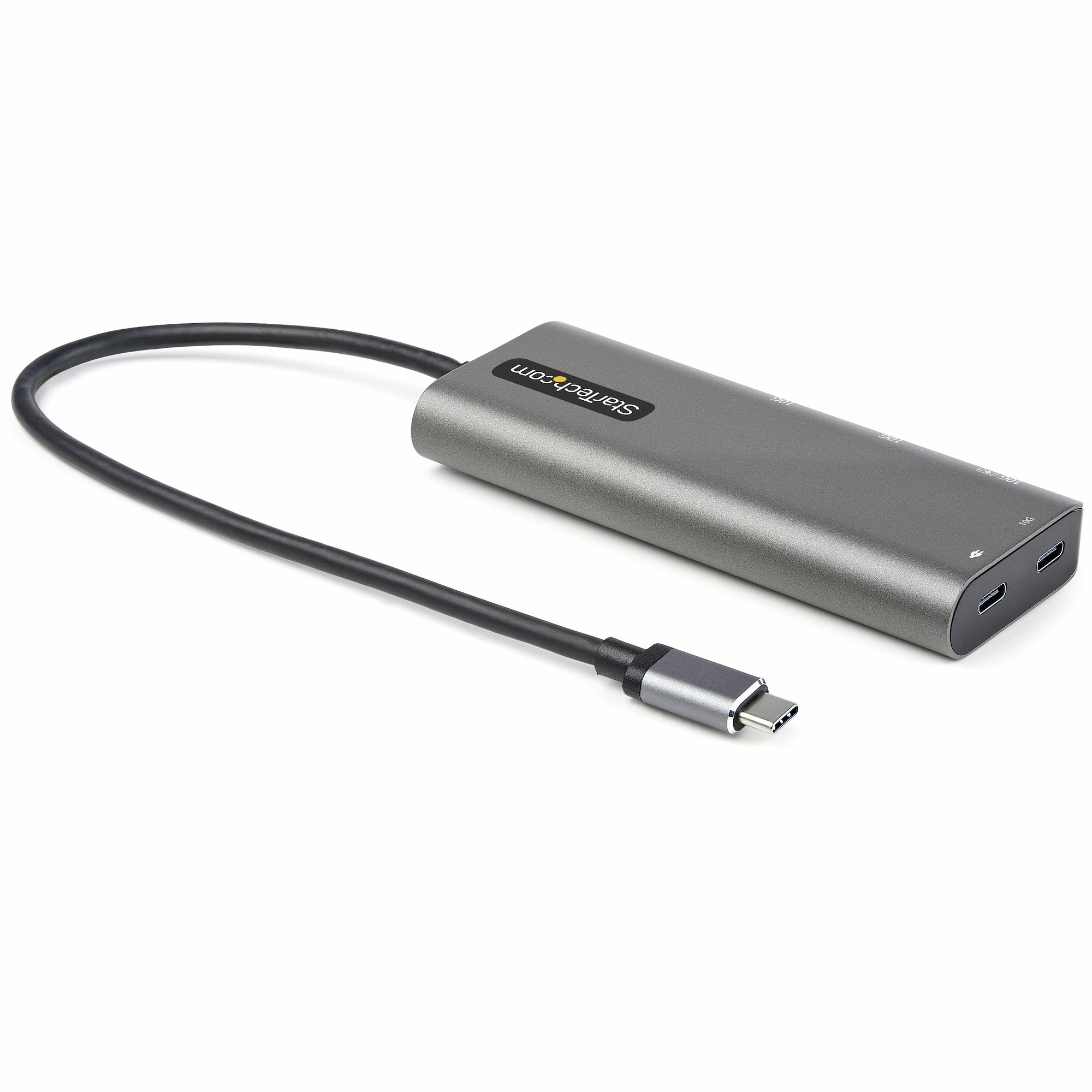 Hub USB-C Startech gris con cable negro. Los puertos son visibles.