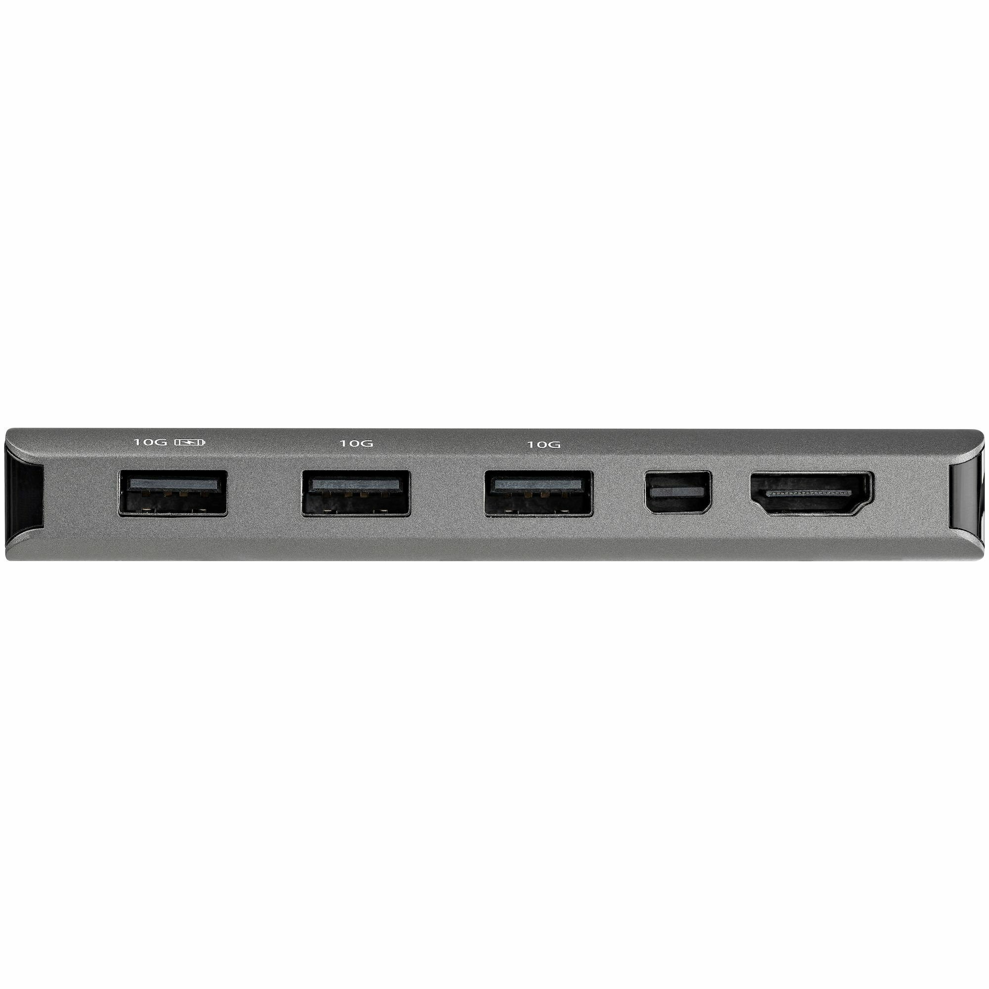 Concentrador gris con puertos USB y HDMI, aislado sobre fondo blanco.