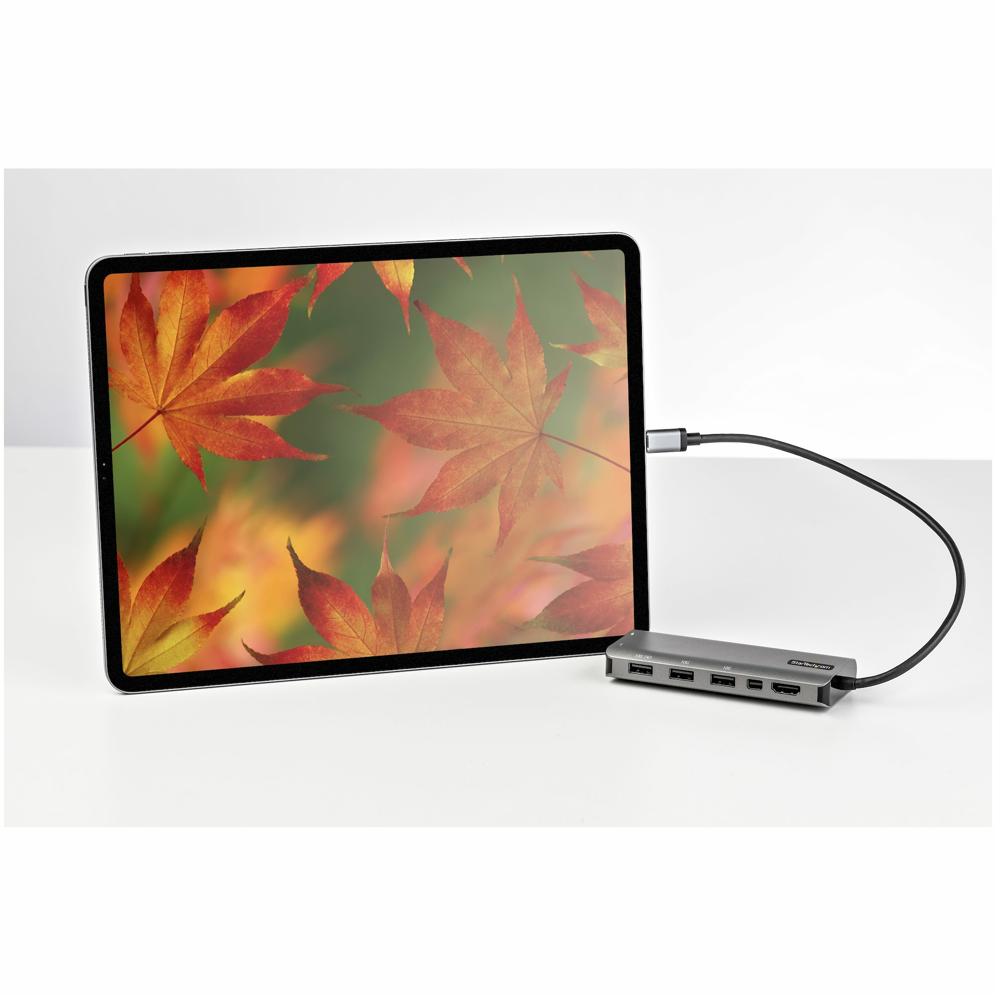 Tableta con fondo de hojas de otoño, conectada a un concentrador con múltiples puertos. Mesa blanca.
