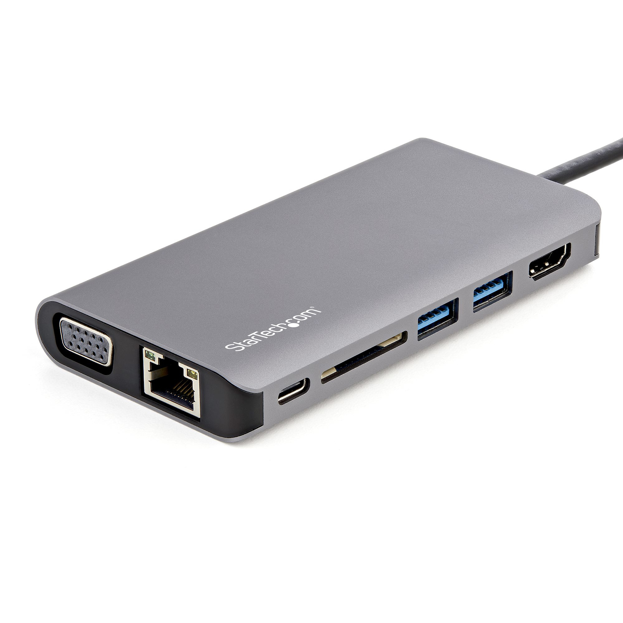 Adattatore multiporta grigio con più porte. Ha un cavo collegato.
