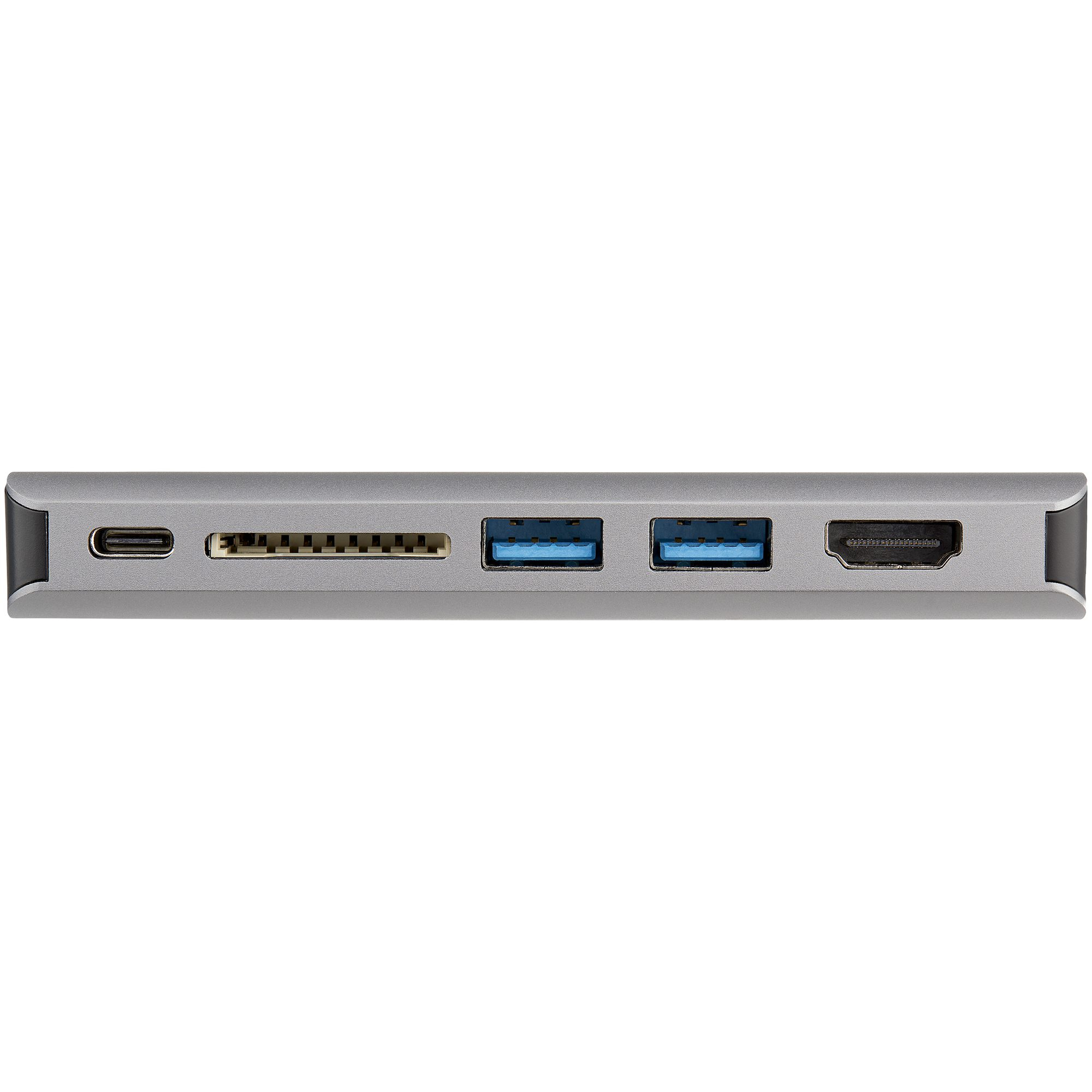 Dispositivo argento multi-porta con USB, HDMI e altre porte. Le porte sono su una superficie piana.