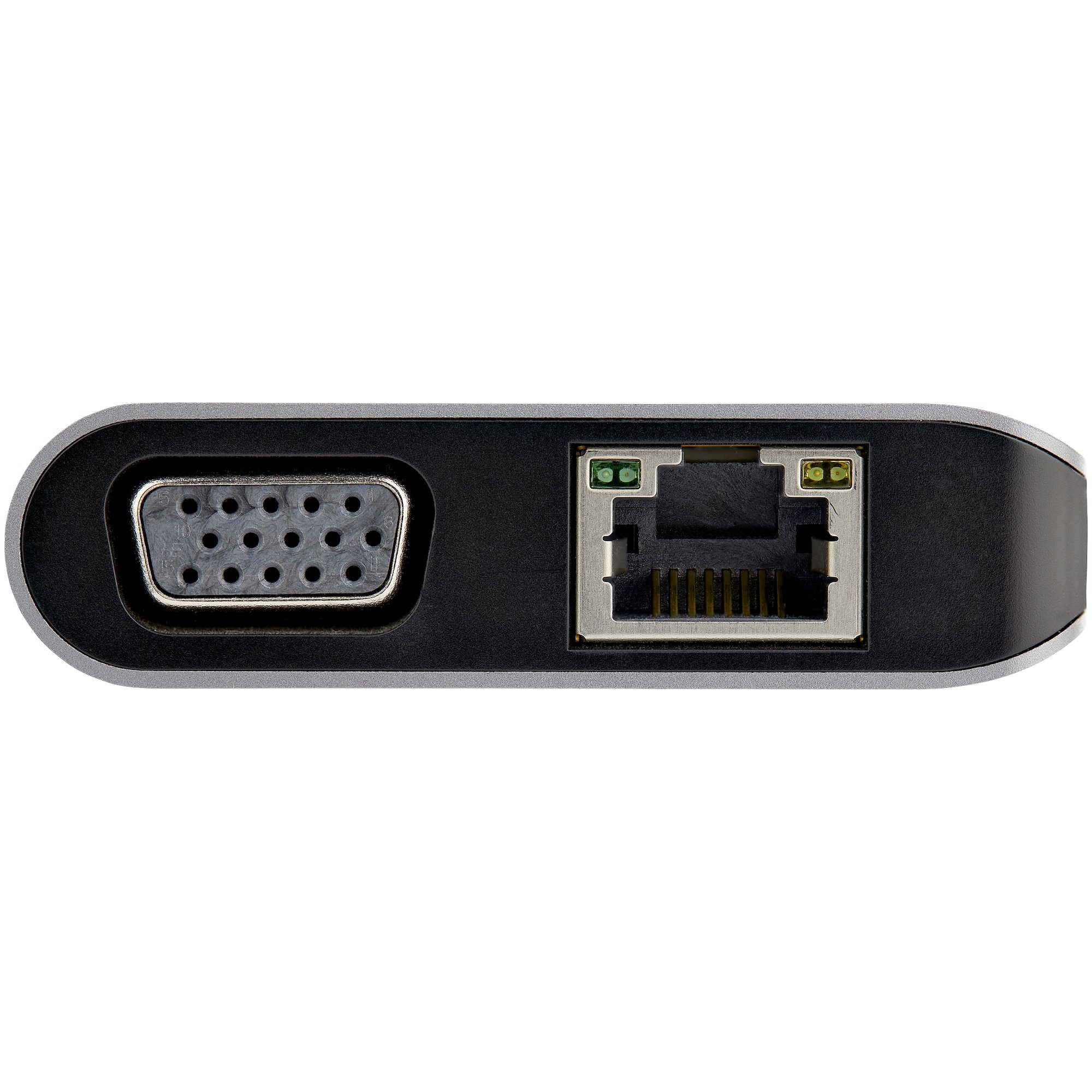 Un dispositivo nero e grigio con una porta VGA e una porta Ethernet. Vista ravvicinata.