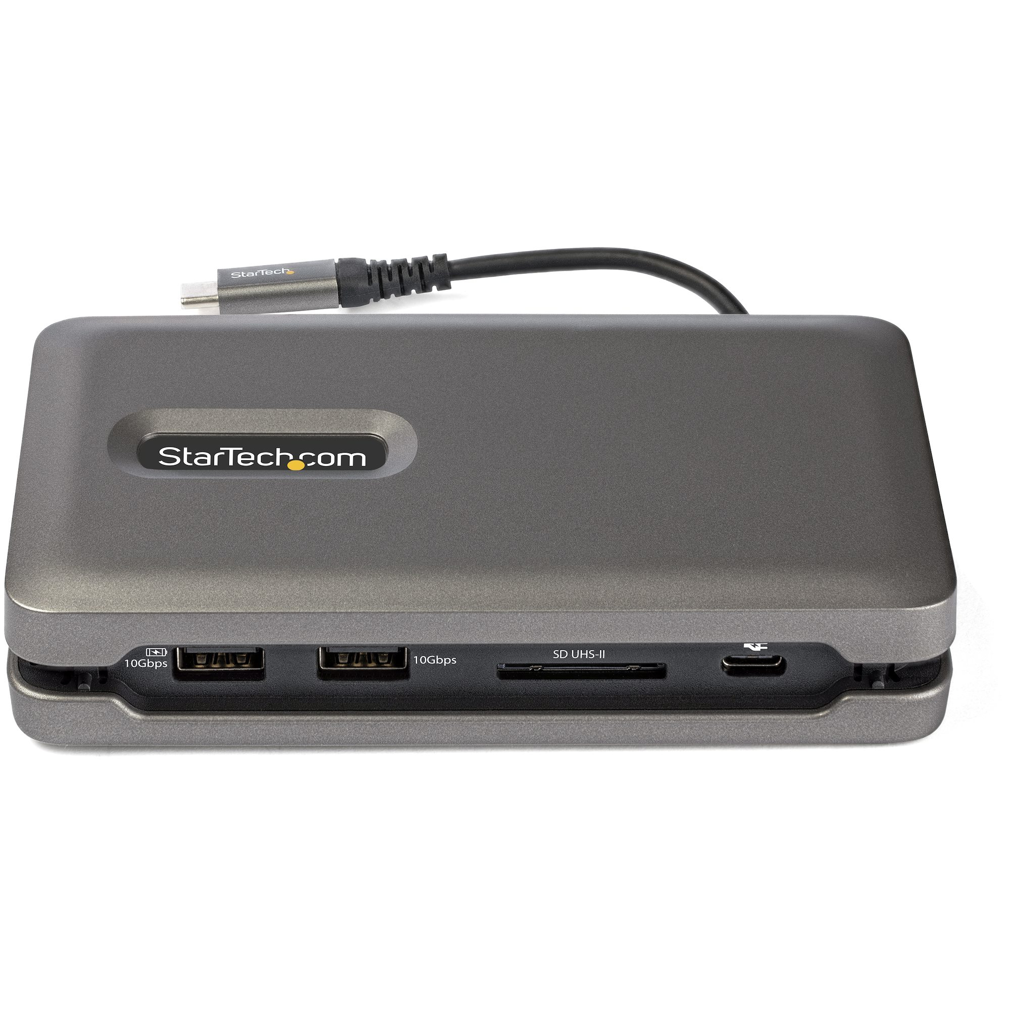 Concentrador gris oscuro con múltiples puertos y un cable USB negro.