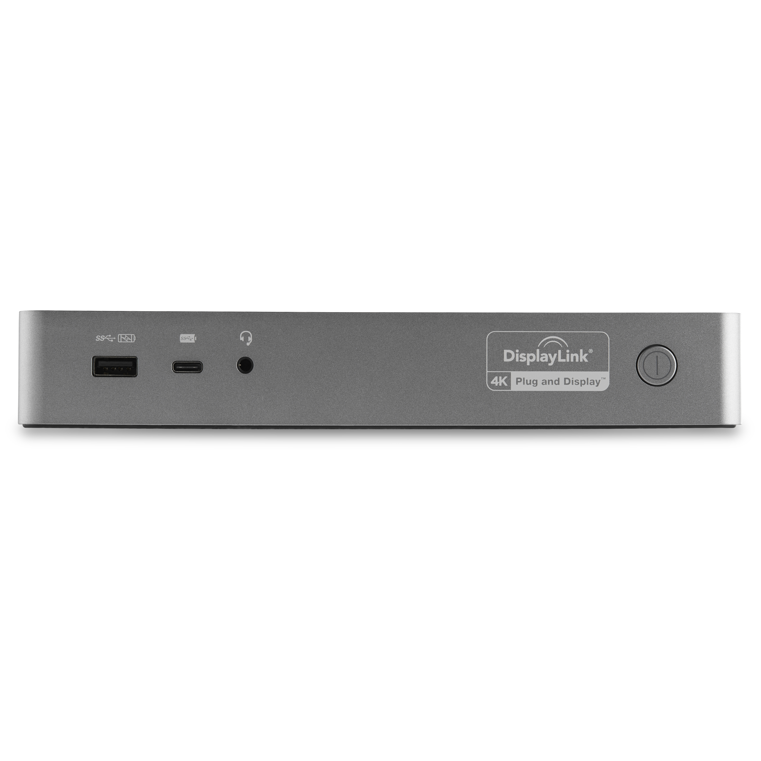 Dispositivo DisplayLink 4K Plug and Display plateado con varios puertos en la parte frontal.