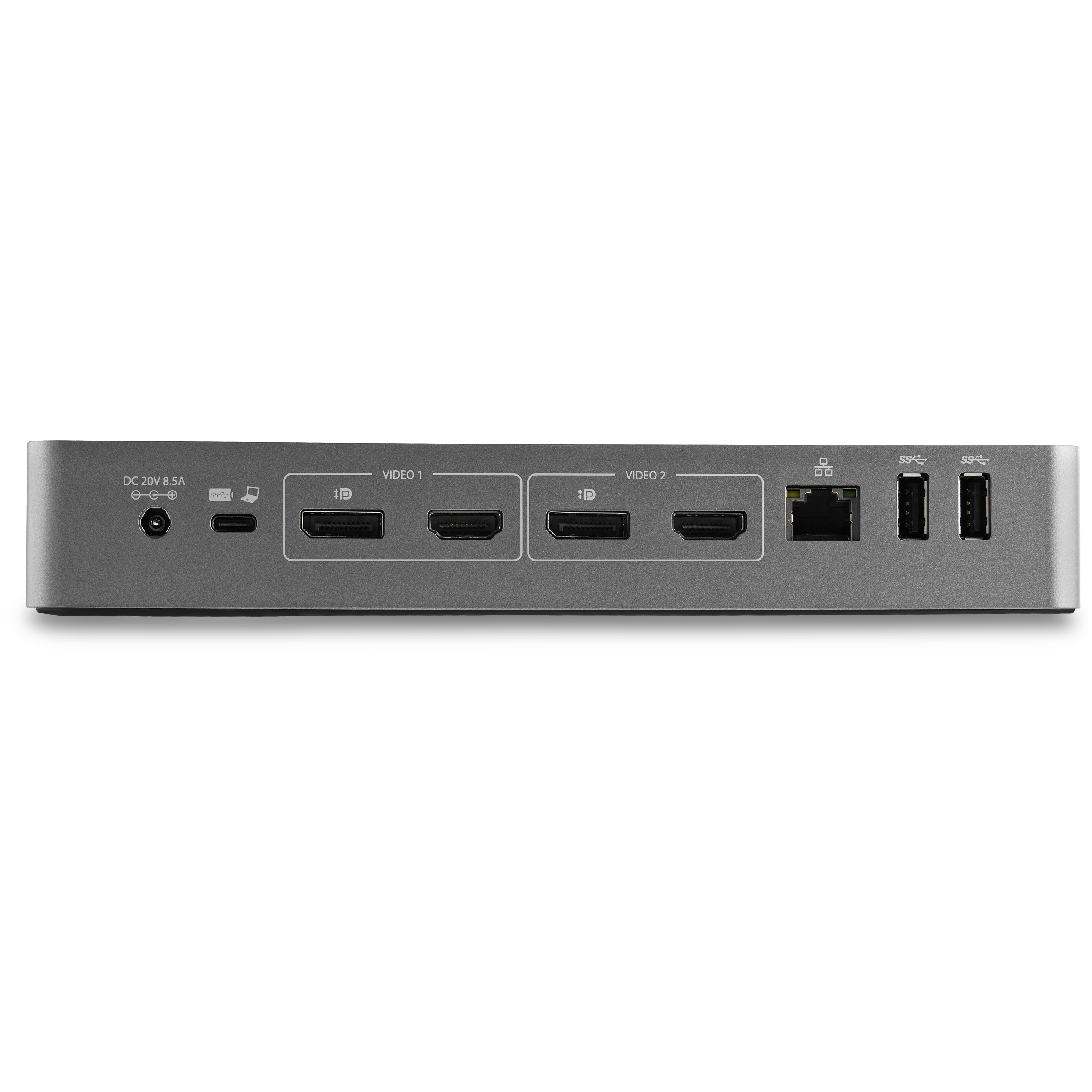 Concentrador USB gris con puertos para video, USB y Ethernet. Fondo blanco.