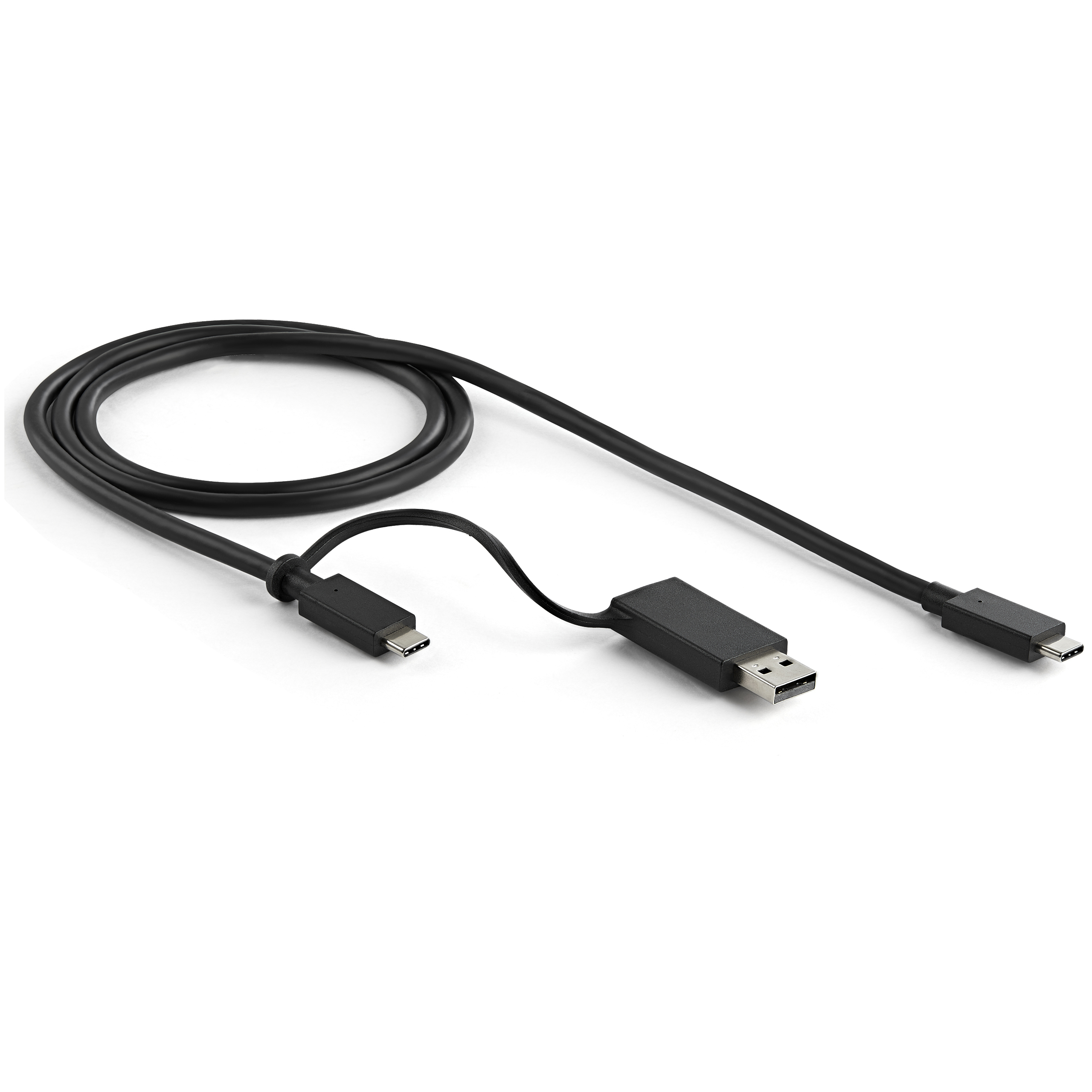 Cable USB-C negro con dos conectores. Se utiliza para cargar o transferir datos.