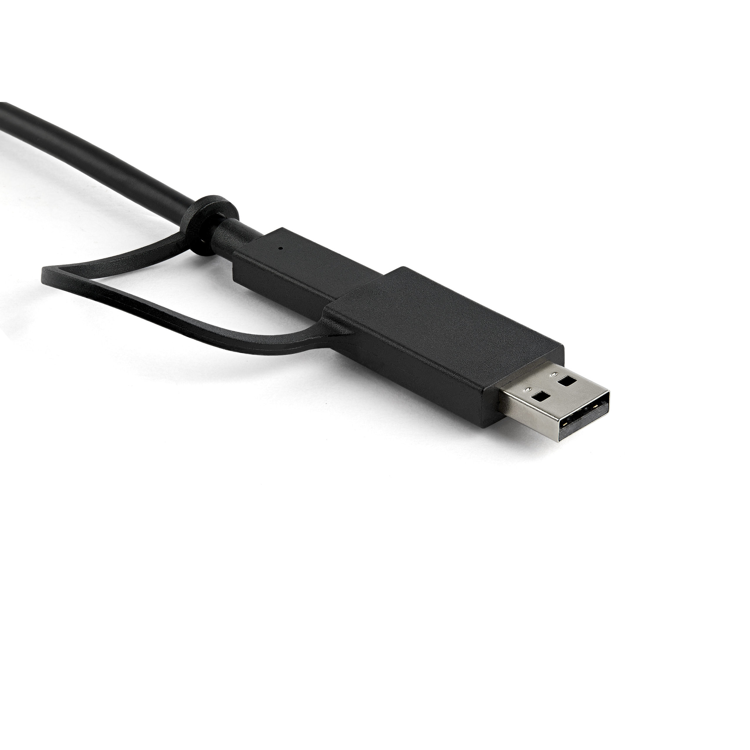 Cable USB negro con conector USB, toma en ángulo, fondo blanco.