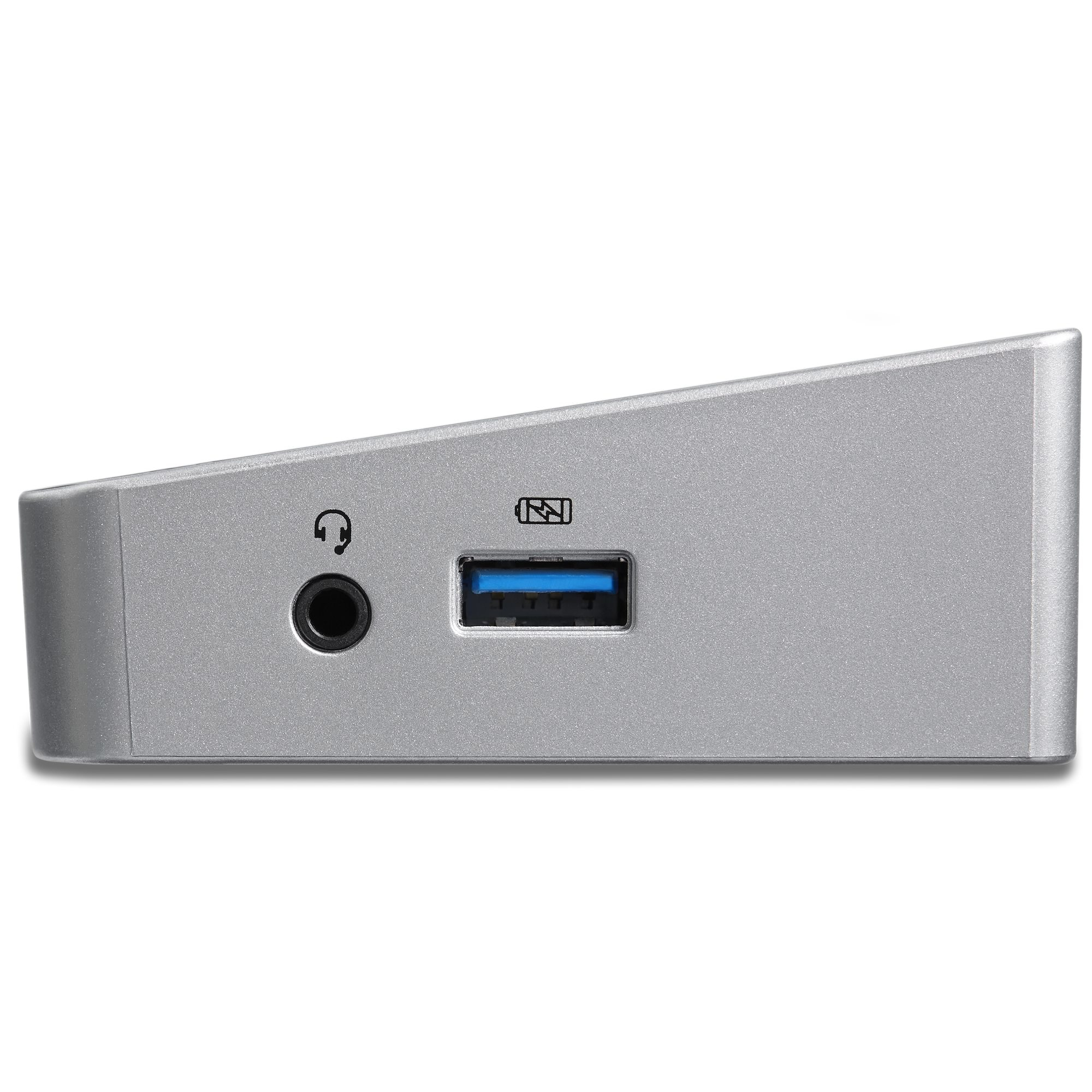 Lado del dispositivo plateado con conector de audio, puerto USB e icono. Fondo blanco. El dispositivo está en ángulo.