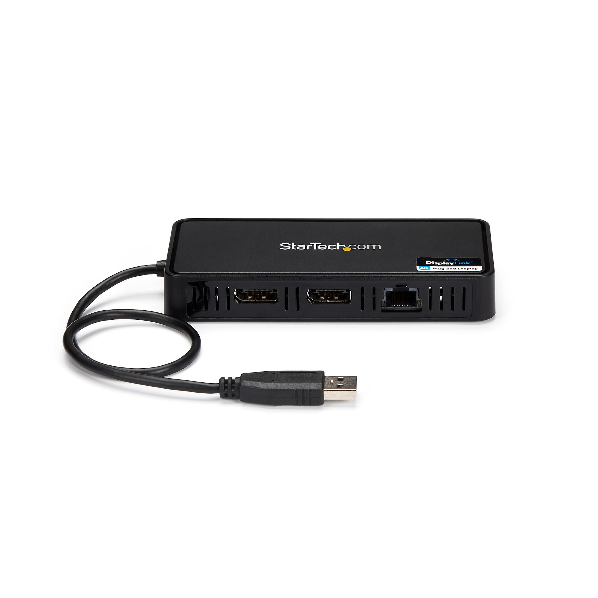 Una docking station nera con più porte e un cavo USB collegato. L'etichetta StarTech.com è visibile.