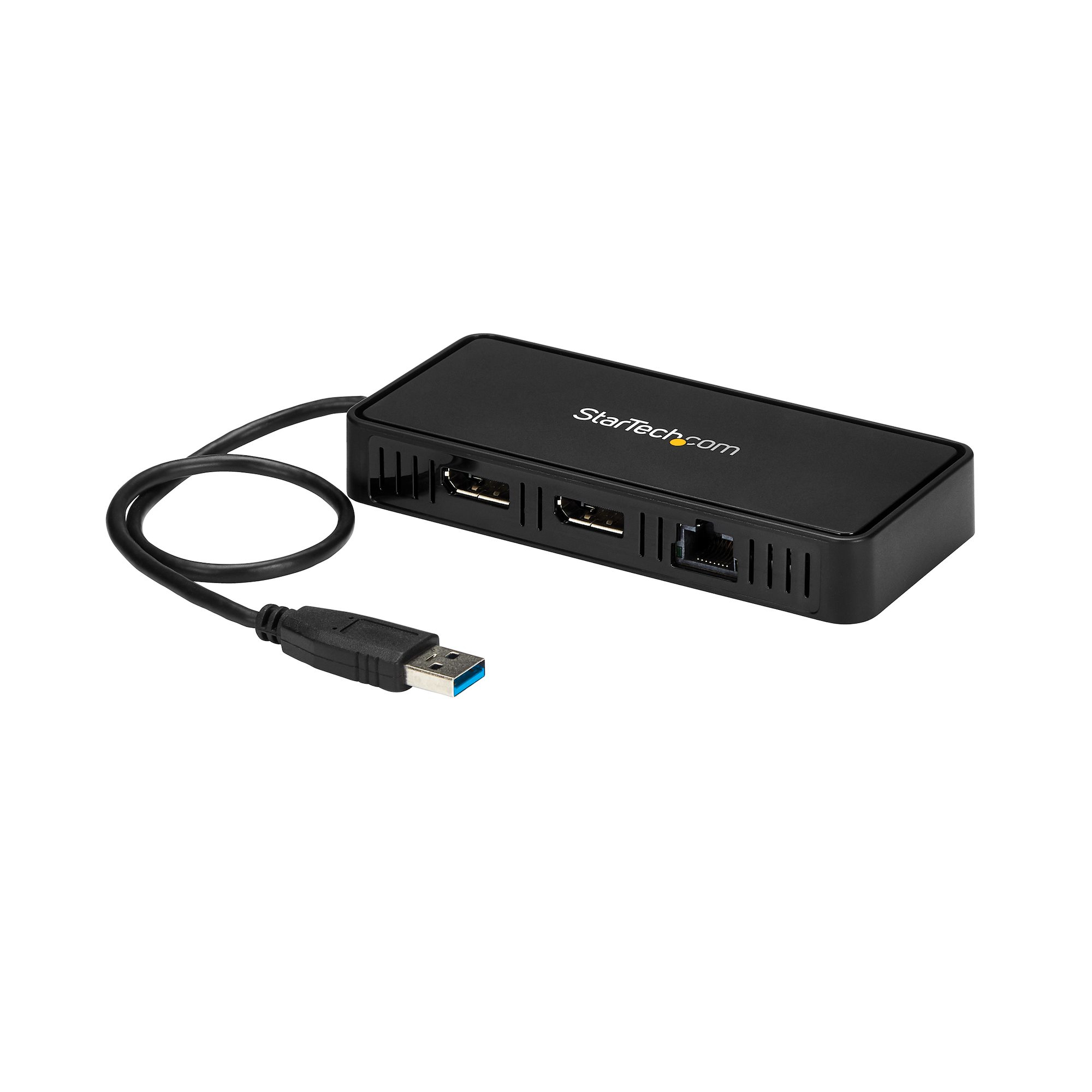 Hub USB nero con più porte e un cavo USB, su sfondo bianco.