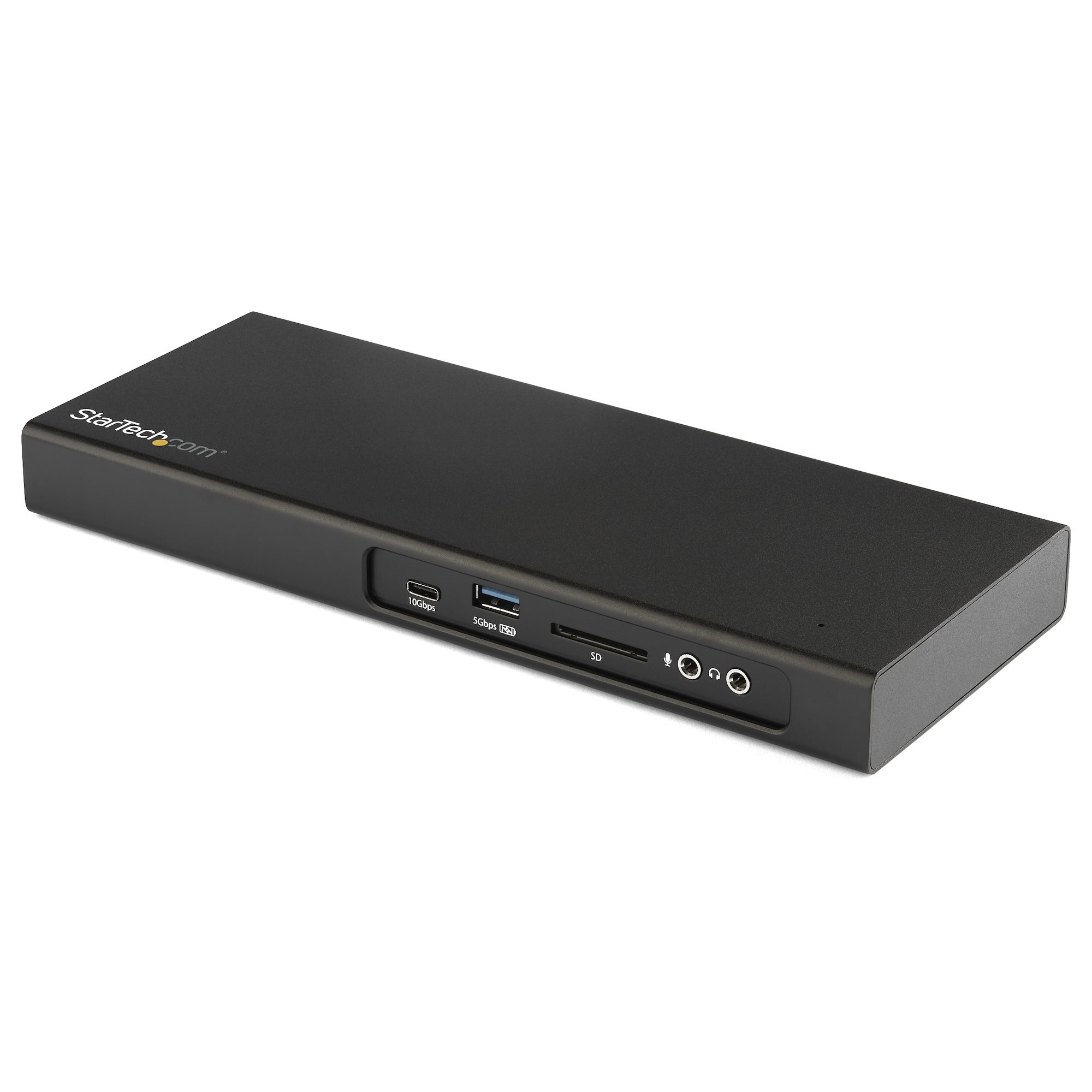 Stazione di docking nera con più porte, tra cui USB, SD e audio.