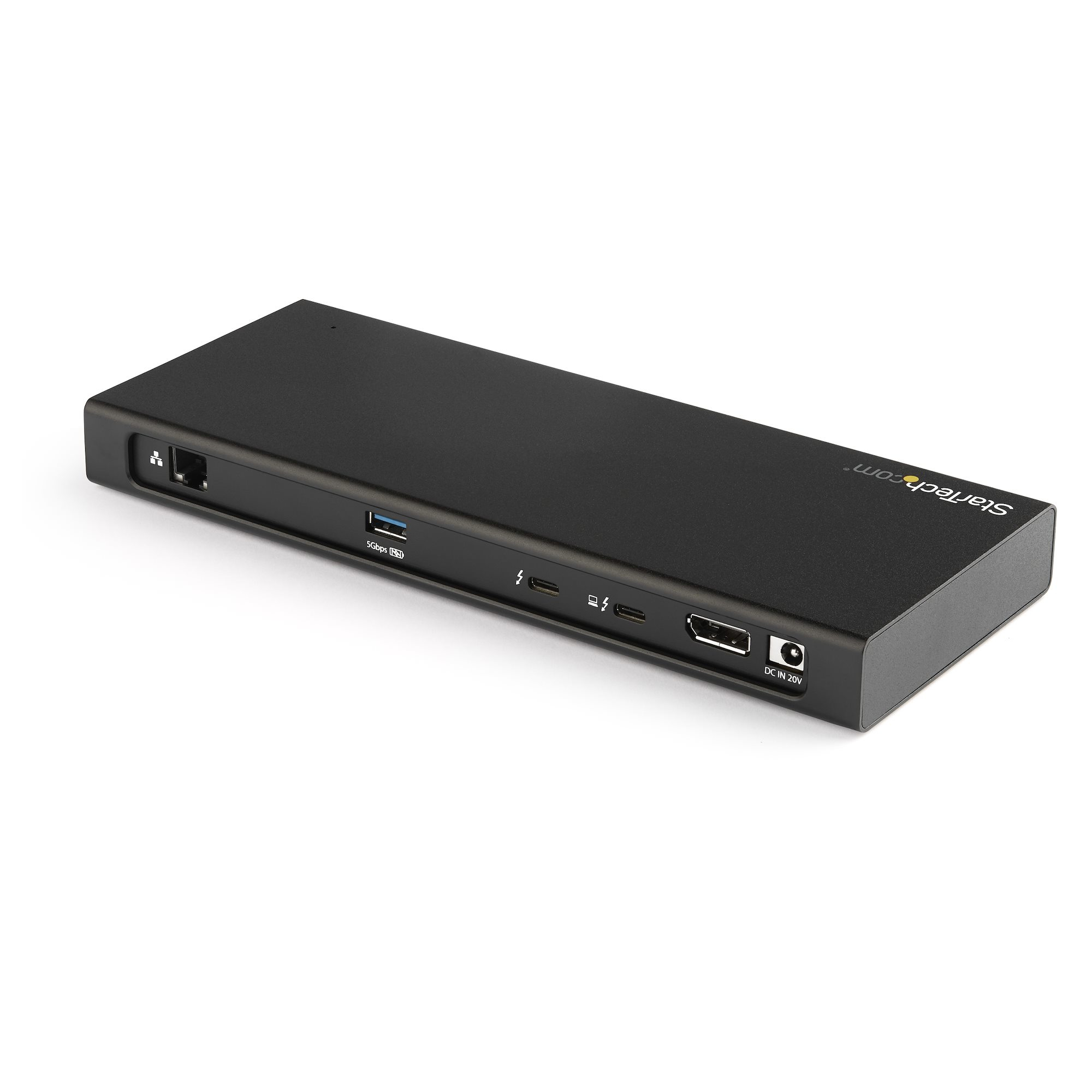 Hub nero con porte anteriori e posteriori. USB-C, USB, HDMI e porte di alimentazione. Logo StarTech.com.