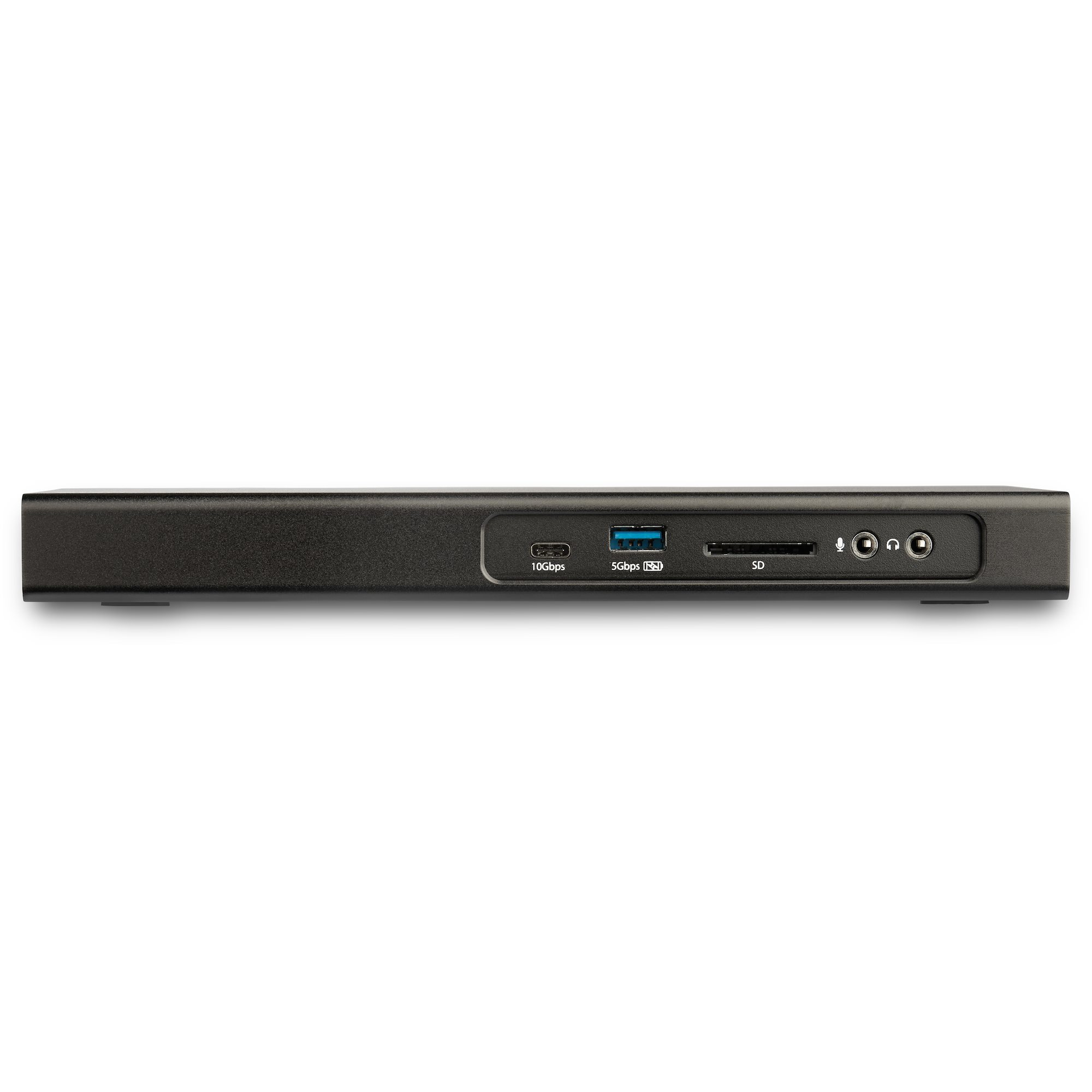 Hub nero con porte. USB, SD e jack audio visibili. Sfondo bianco.