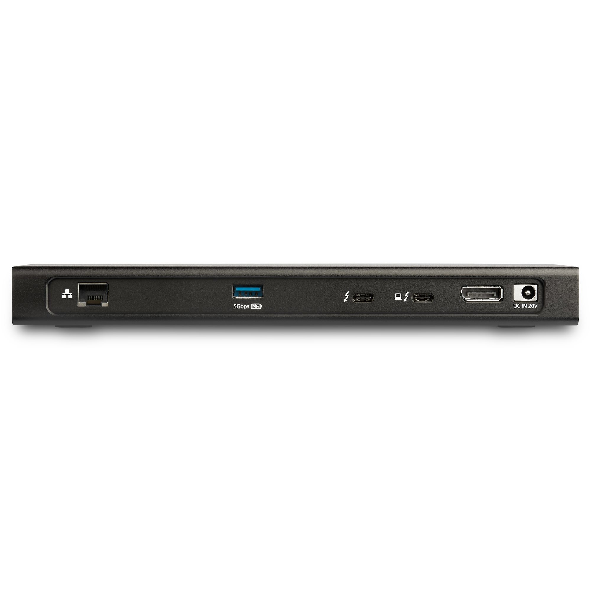 Un hub nero con porte, tra cui USB e HDMI. Lo sfondo è bianco.
