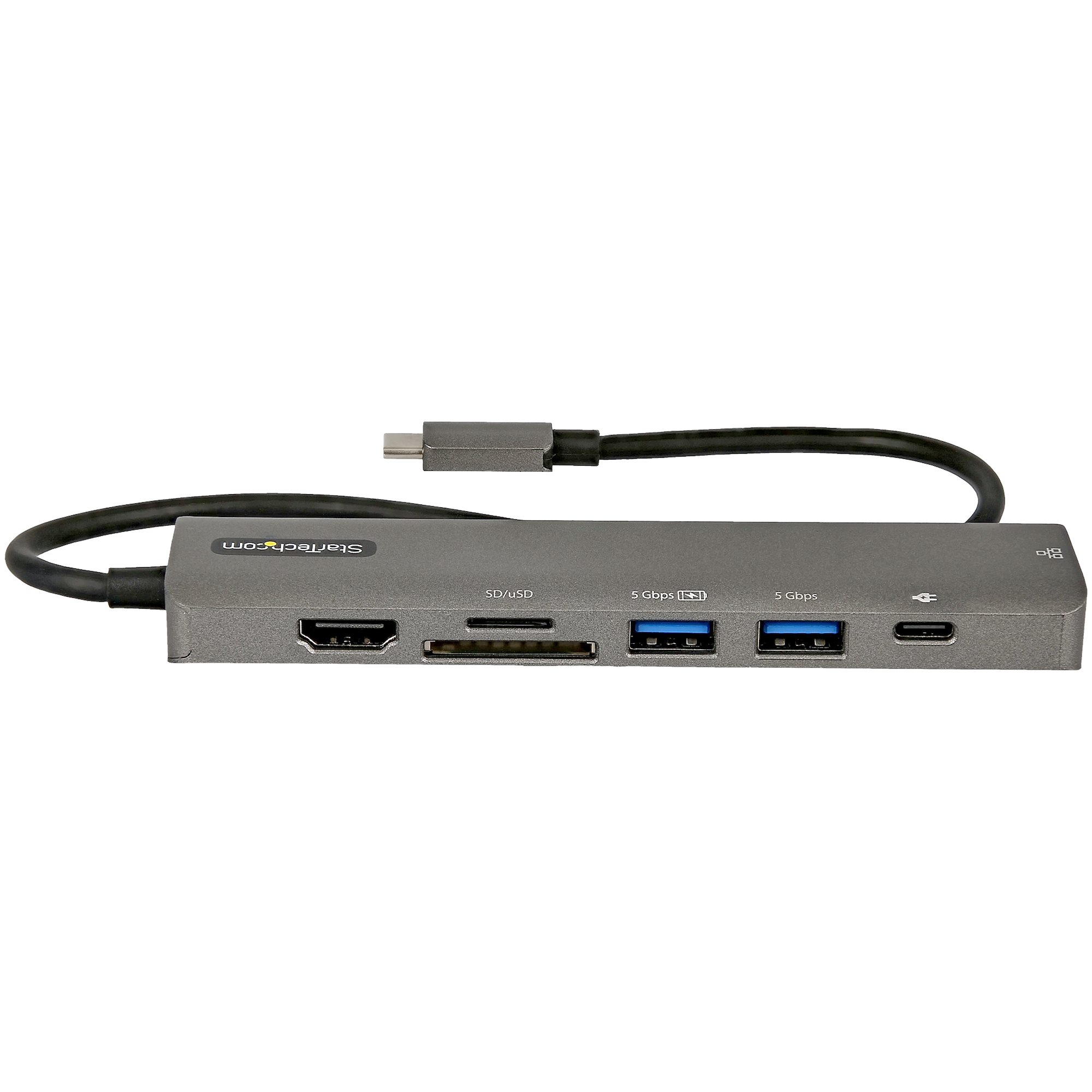 Ein grauer USB-Hub mit mehreren Anschlüssen. HDMI, SD-Karte, USB-A und USB-C.
