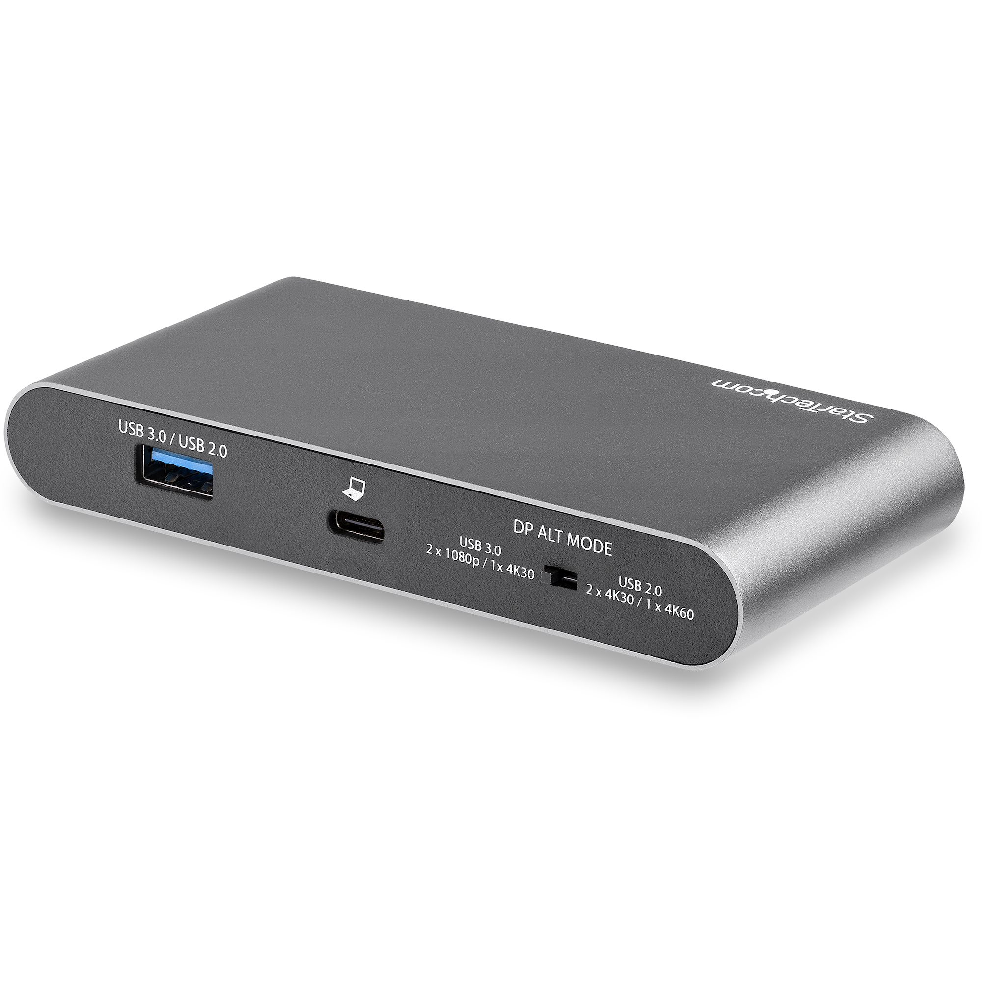 Eine graue StarTech Dockingstation mit USB 3.0/2.0 und DP Alt Mode Anschlüssen.