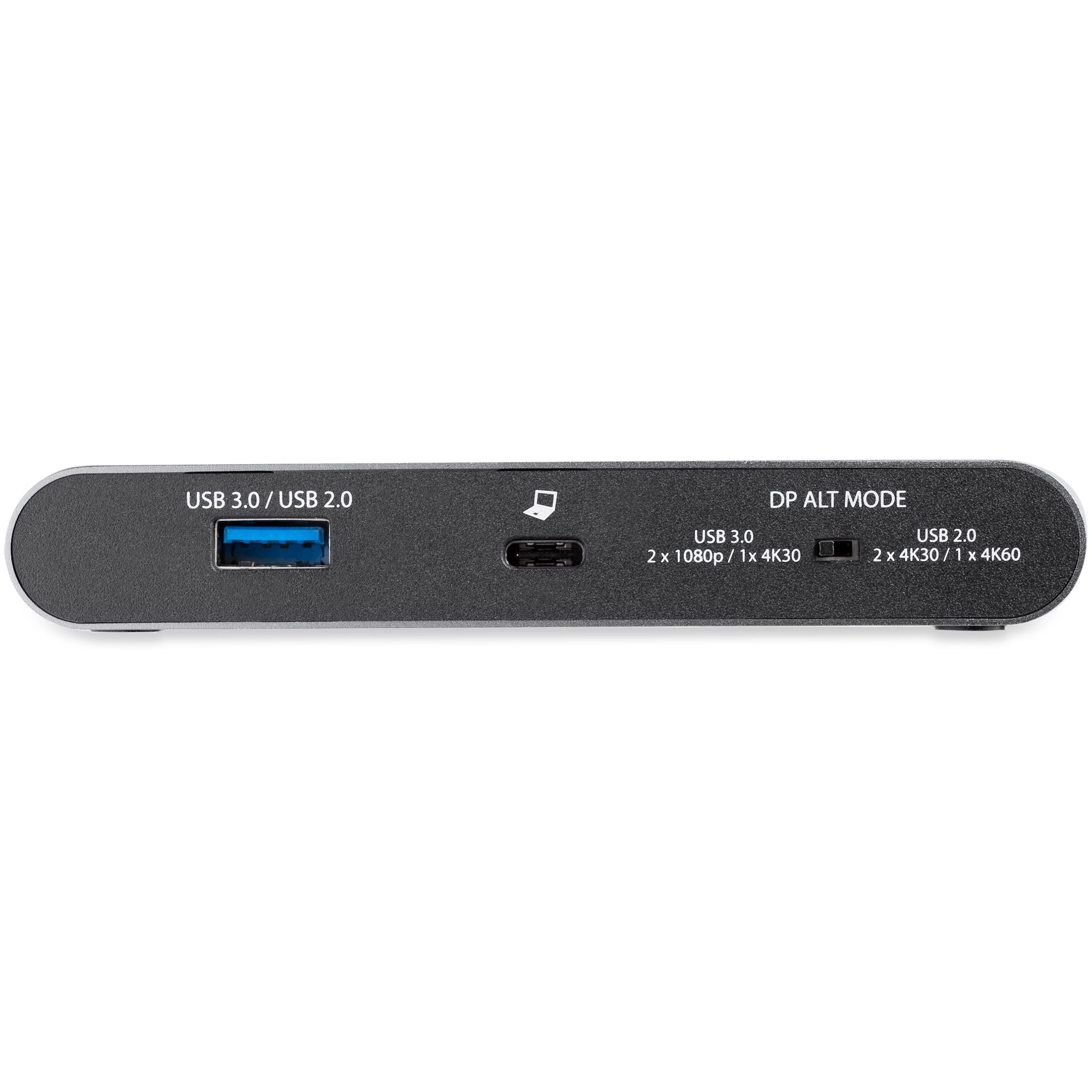 Schwarzer USB-Hub mit USB 3.0-, USB 2.0- und DP ALT MODE-Anschlüssen. Weißer Hintergrund.