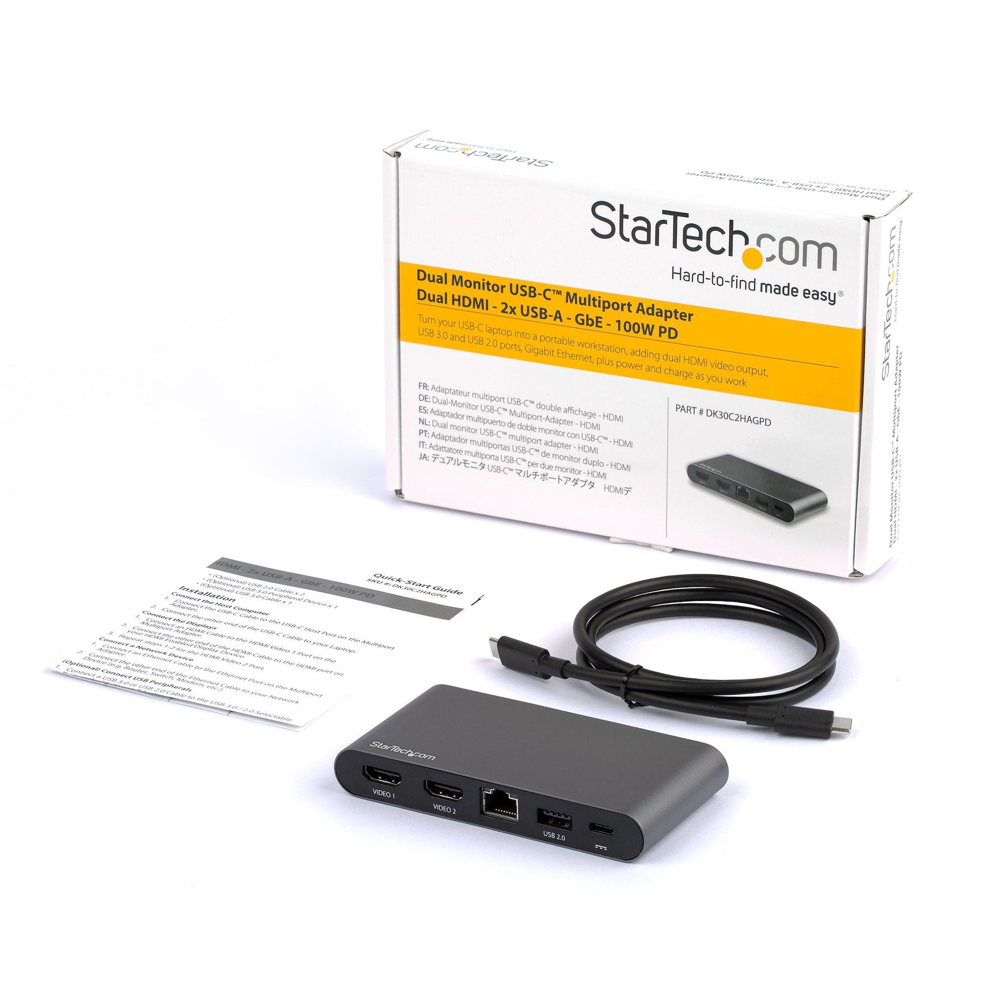 Box mit Adapter und Kabeln, mit StarTech.com Logo und Text.