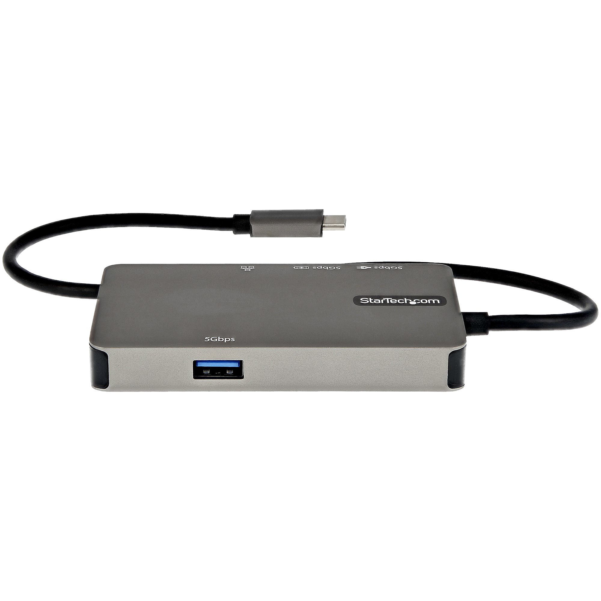 Concentrador USB gris con cable USB-C, múltiples puertos y marca Startech.
