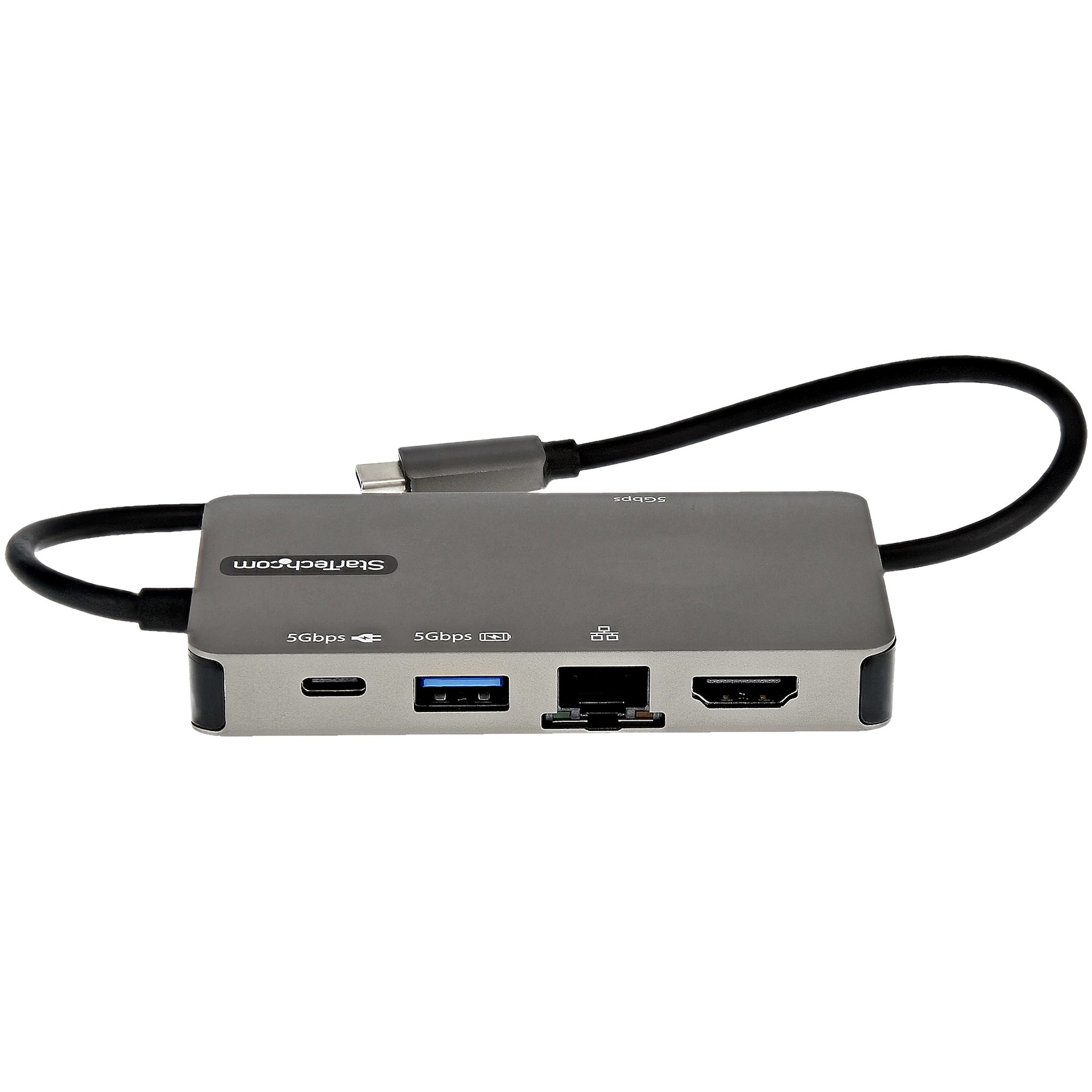 Concentrador gris Startech.com. Múltiples puertos. Conector USB-C y cable negro adjunto.