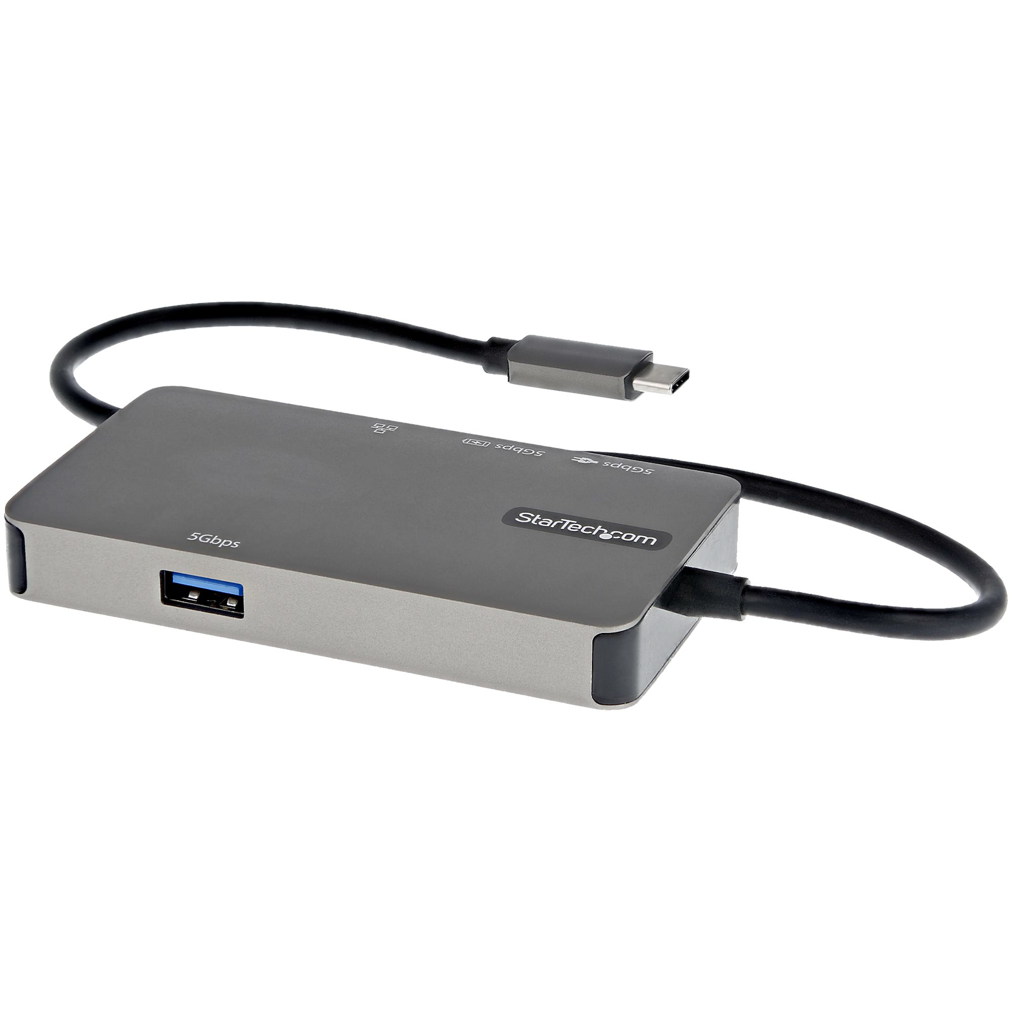 Concentrador USB-C gris con puerto USB y cable negro.