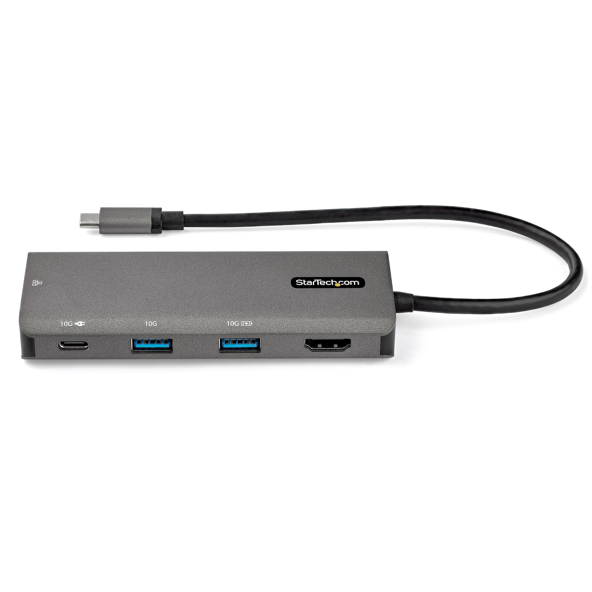 Concentrador StarTech plateado con múltiples puertos y cable negro.