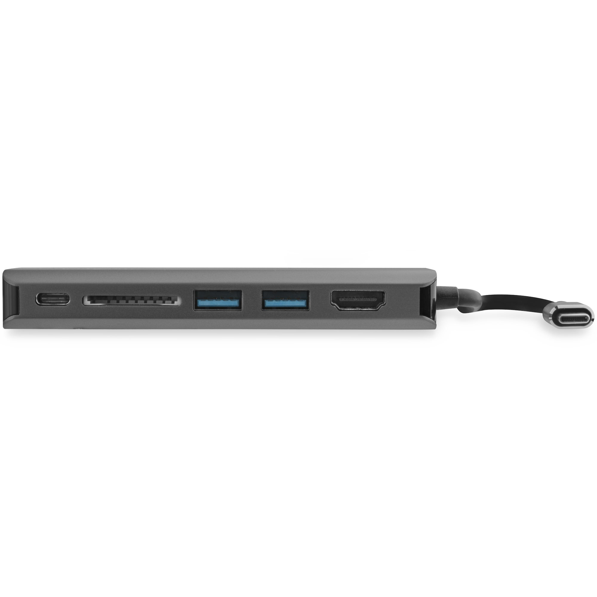 Hub mit Anschlüssen auf einer Seite. Verschiedene Anschlüsse, einschließlich USB, HDMI und SD-Kartensteckplatz. Schwarz.