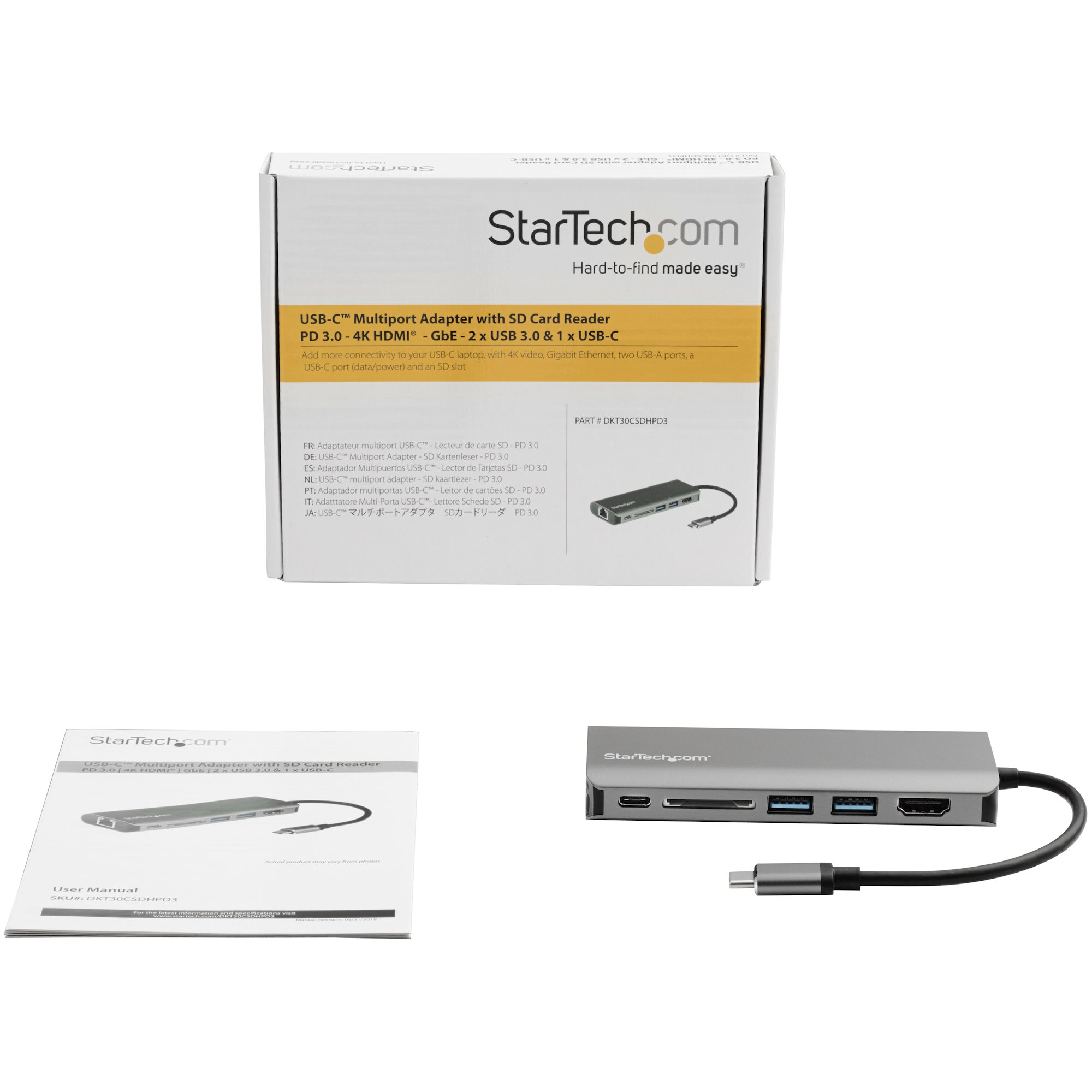 Eine StarTech-Box, USB-C-Multiport-Adapter mit SD-Kartenleser und der Adapter.