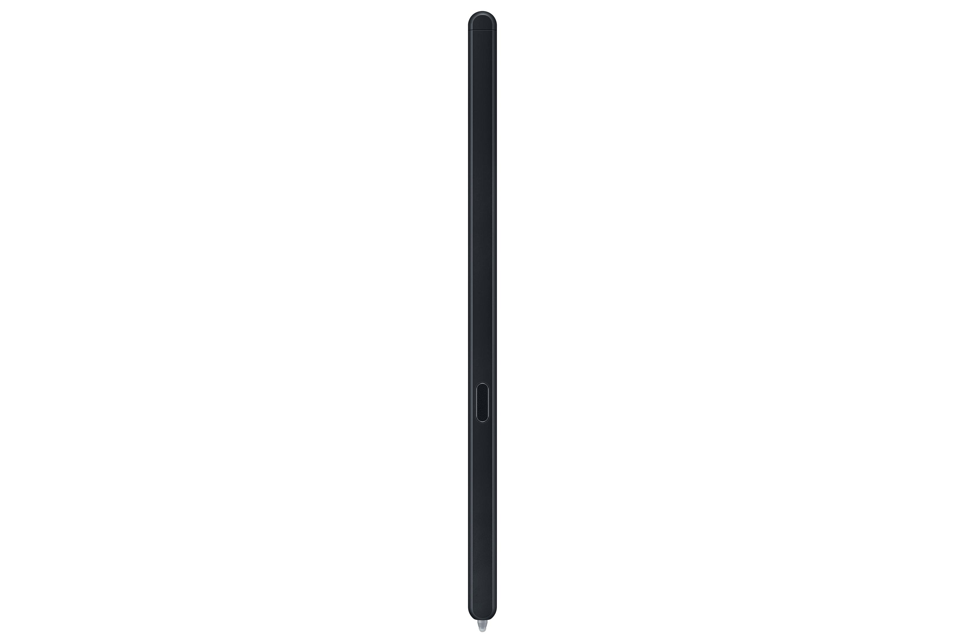Schwarzer Stylus-Stift, Seitenansicht. Gerades, schlankes Design. Weißer Hintergrund.