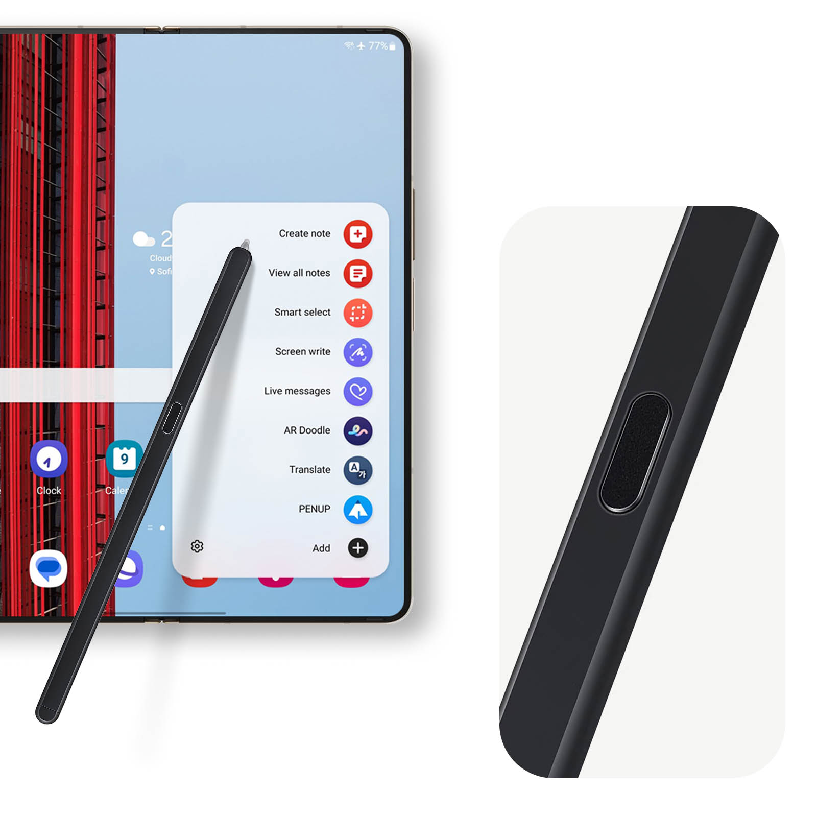 Schwarzer Stylus-Stift und Smartphone mit Menü, isoliert auf weißem Hintergrund.